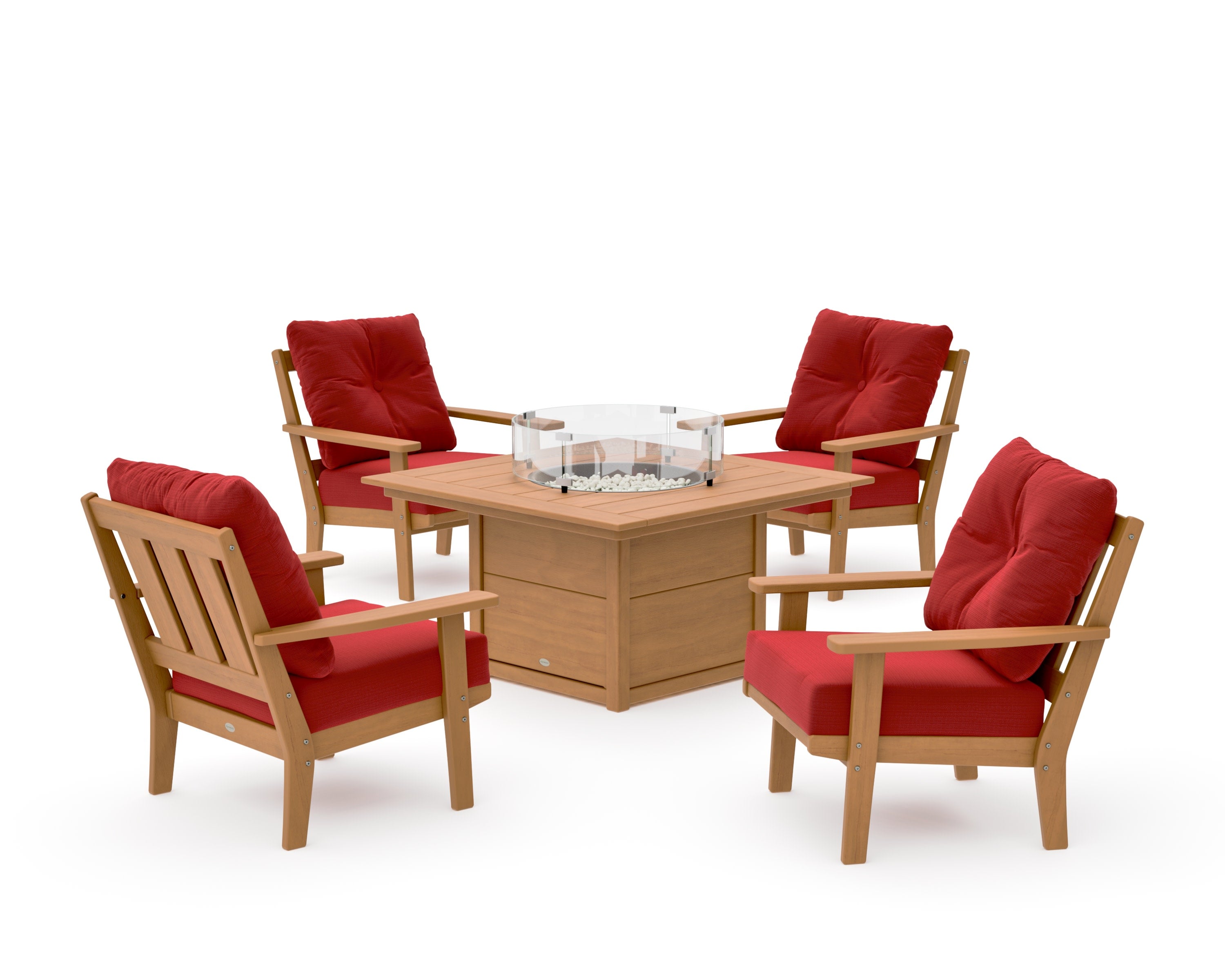 Oxford 5-Piece Deep Seating Set with Fire Pit Table in Natural / Crimson Linen