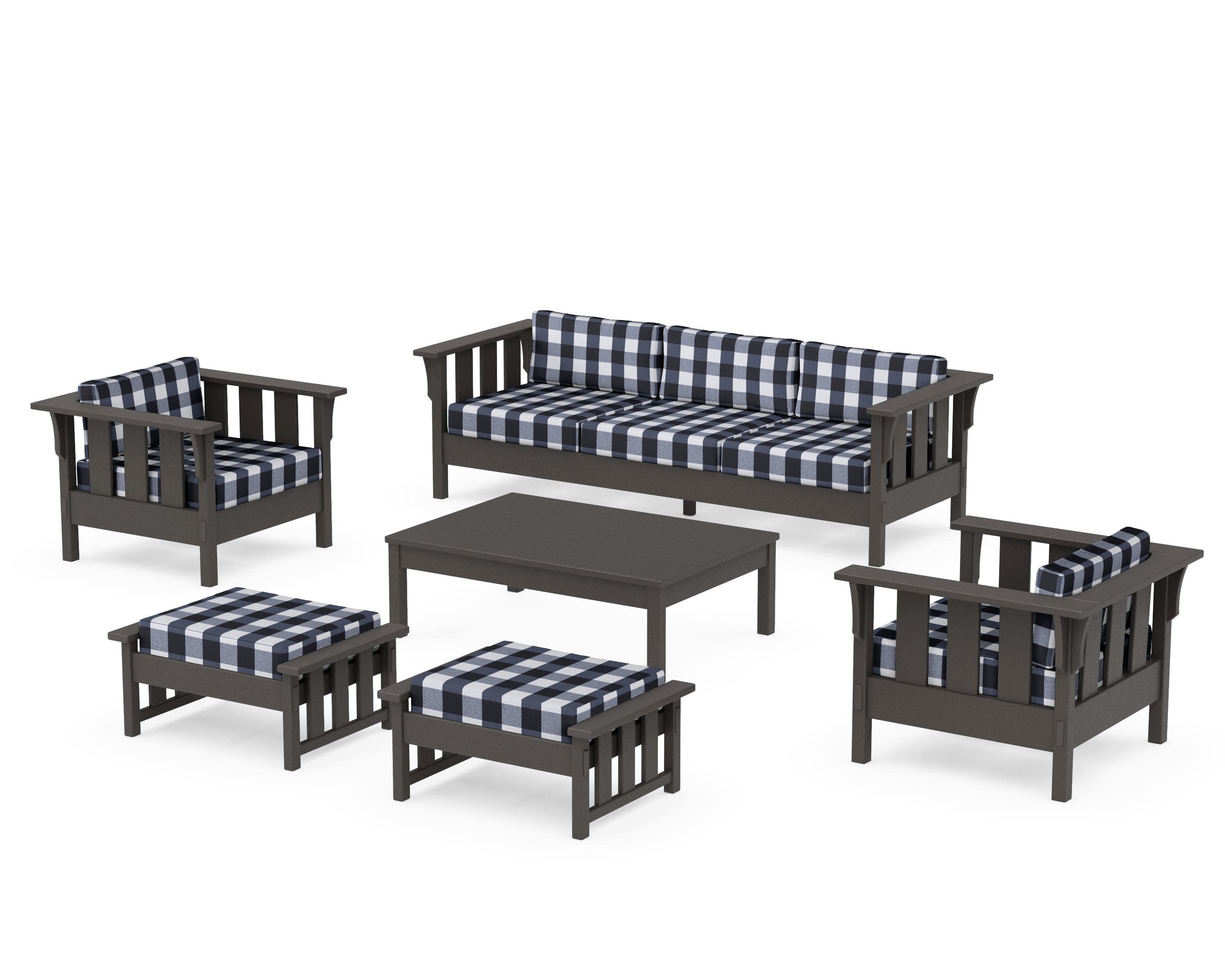 Acadia 6-Piece Lounge Sofa Set in Vintage Coffee / Buffalo Plaid Marine Indigo
