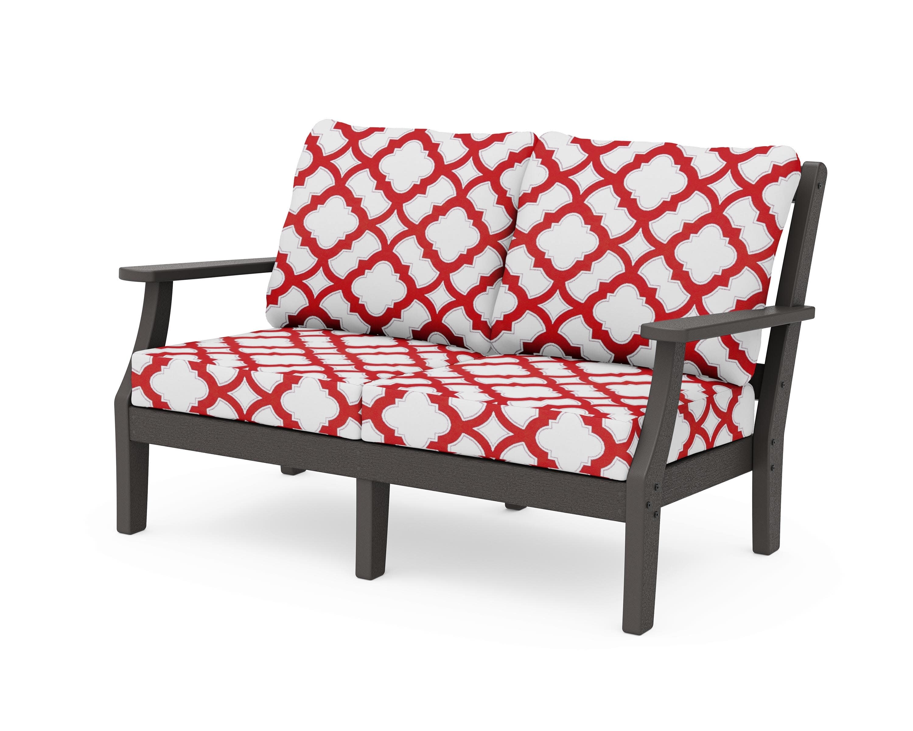 Chinoiserie Deep Seating Loveseat in Vintage Coffee / Trellis Crimson