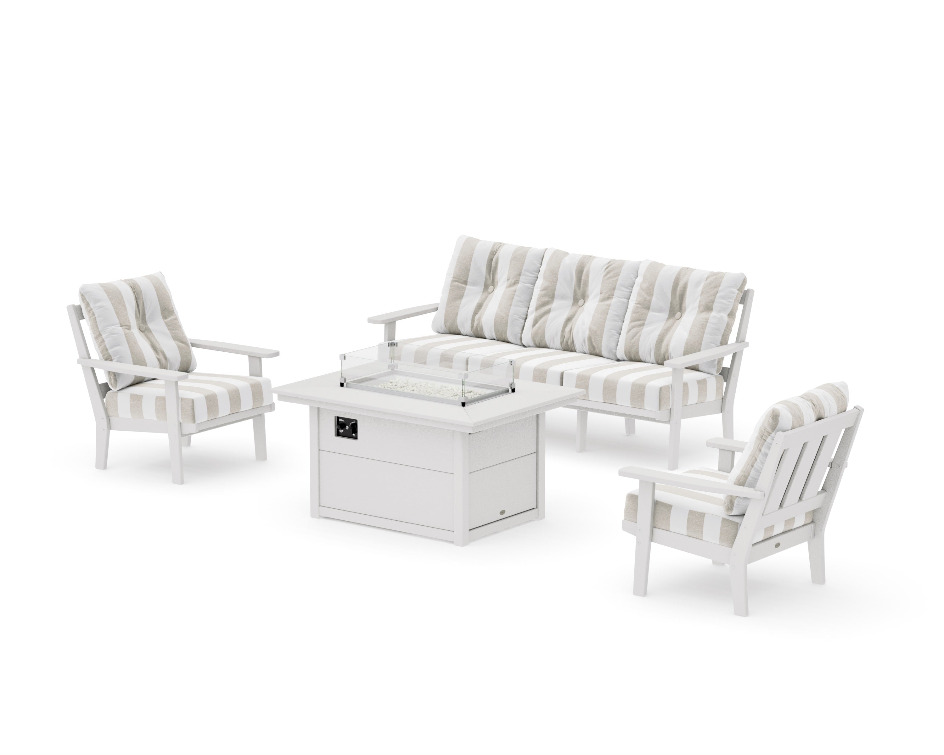 Oxford Deep Seating Fire Pit Table Set in Vintage White / Cabana Stripe Dune Burlap