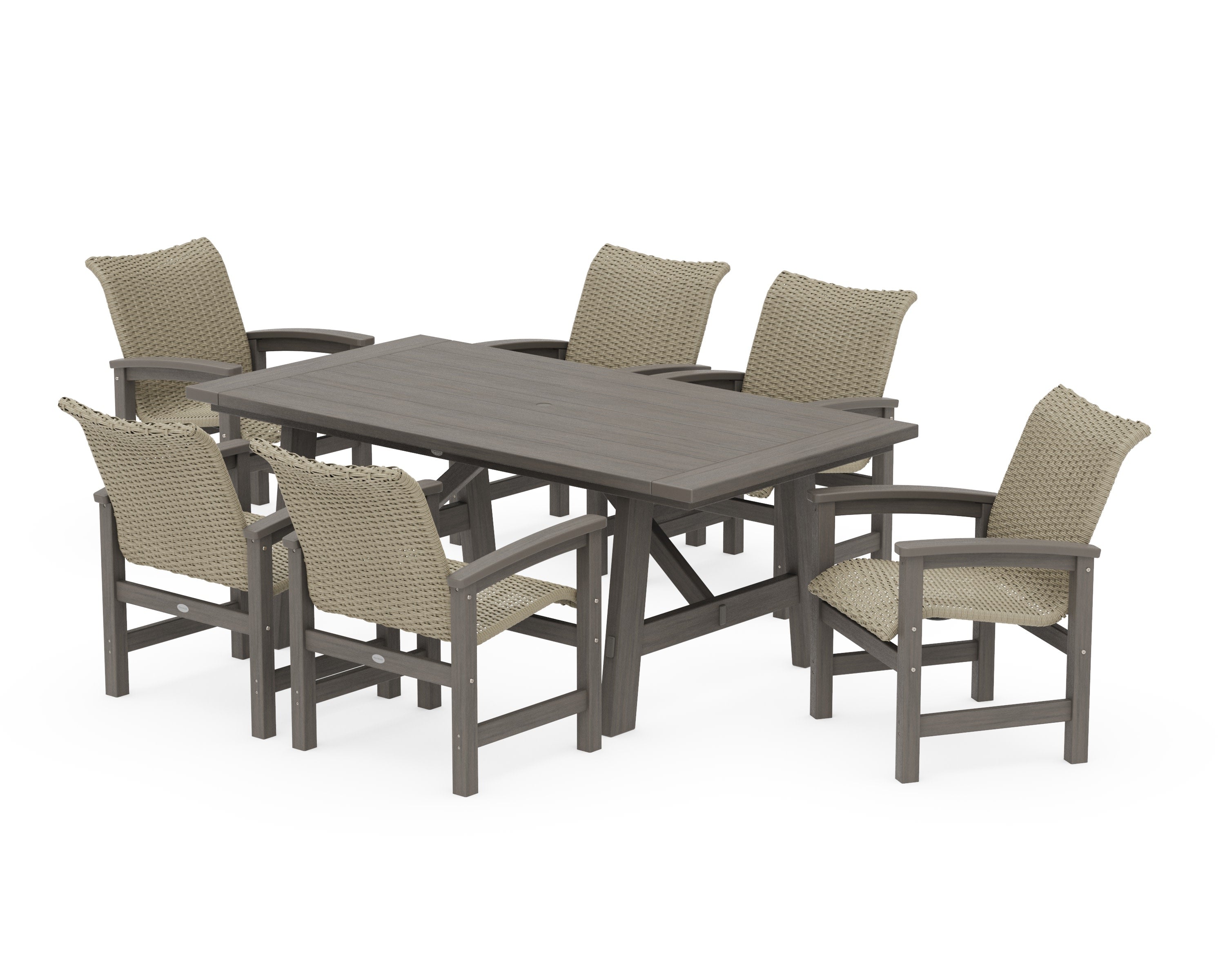 Coastal Woven Arm Chair 7-Piece Rustic Farmhouse Dining Set in Driftwood / Dune Grass