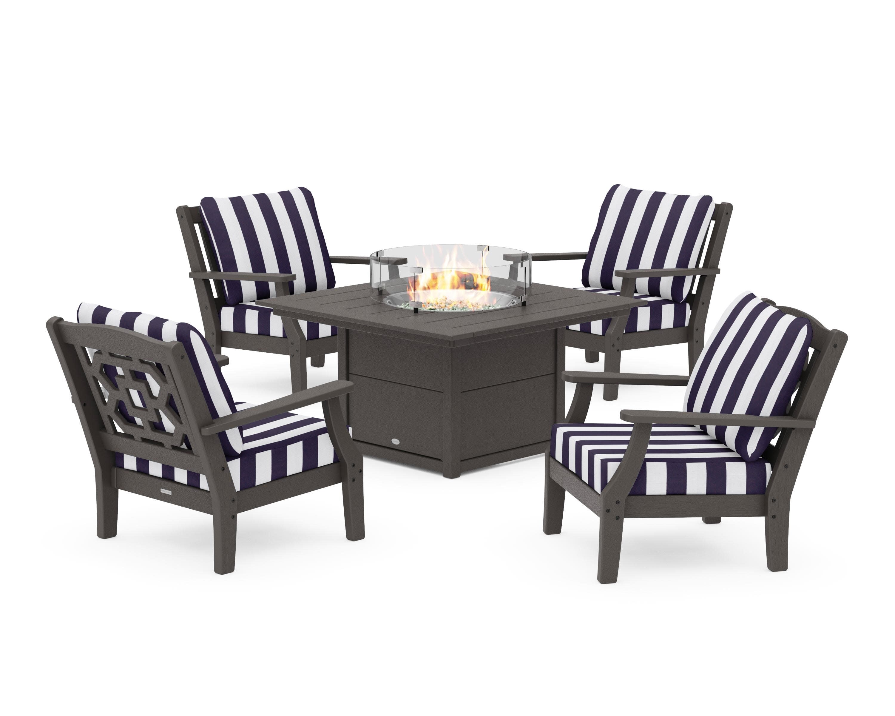 Chinoiserie 5-Piece Deep Seating Set with Fire Pit Table in Vintage Coffee / Cabana Stripe Navy