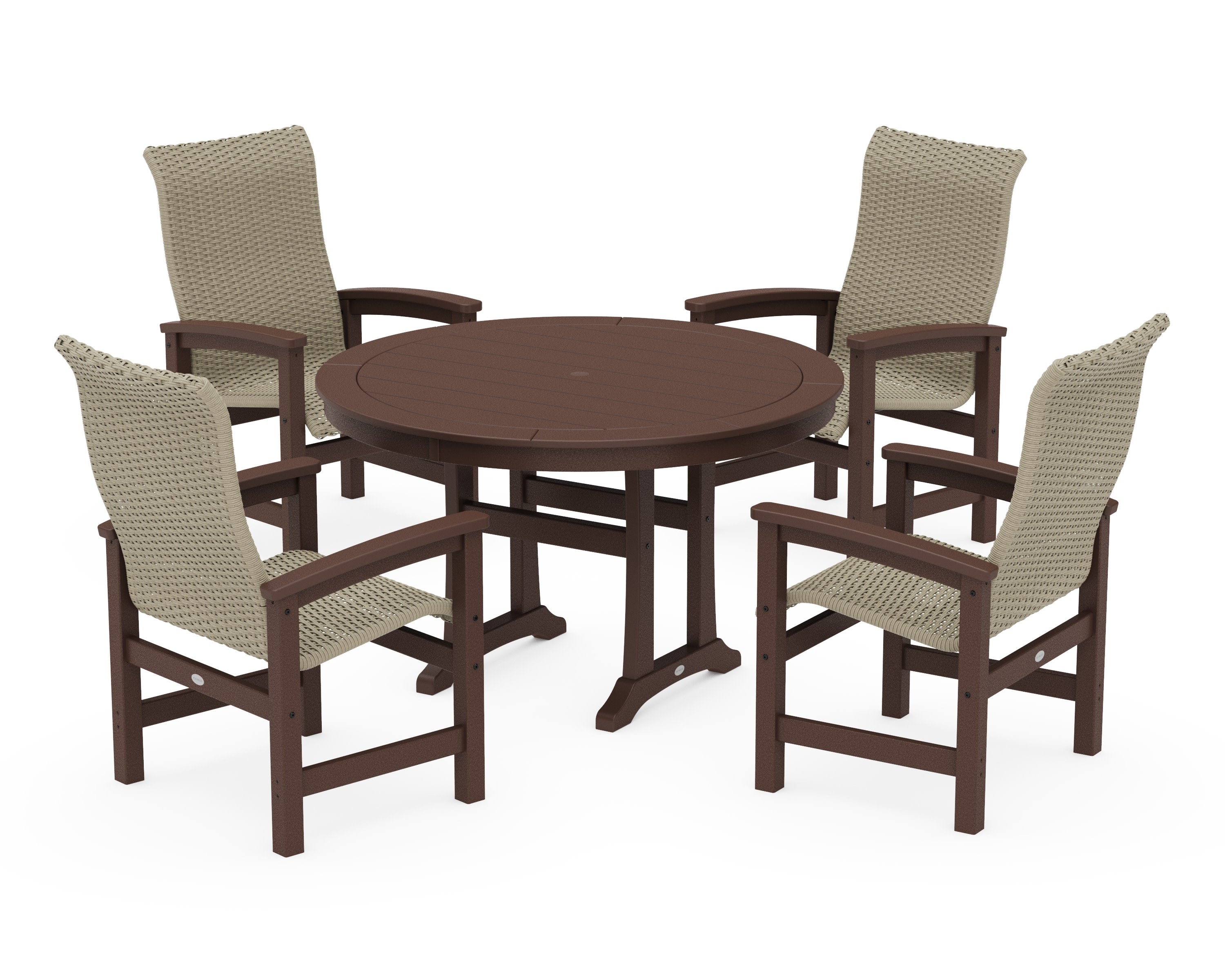 Coastal Woven High-Back 5-Piece Round Dining Set with Trestle Legs in Mahogany / Dune Grass