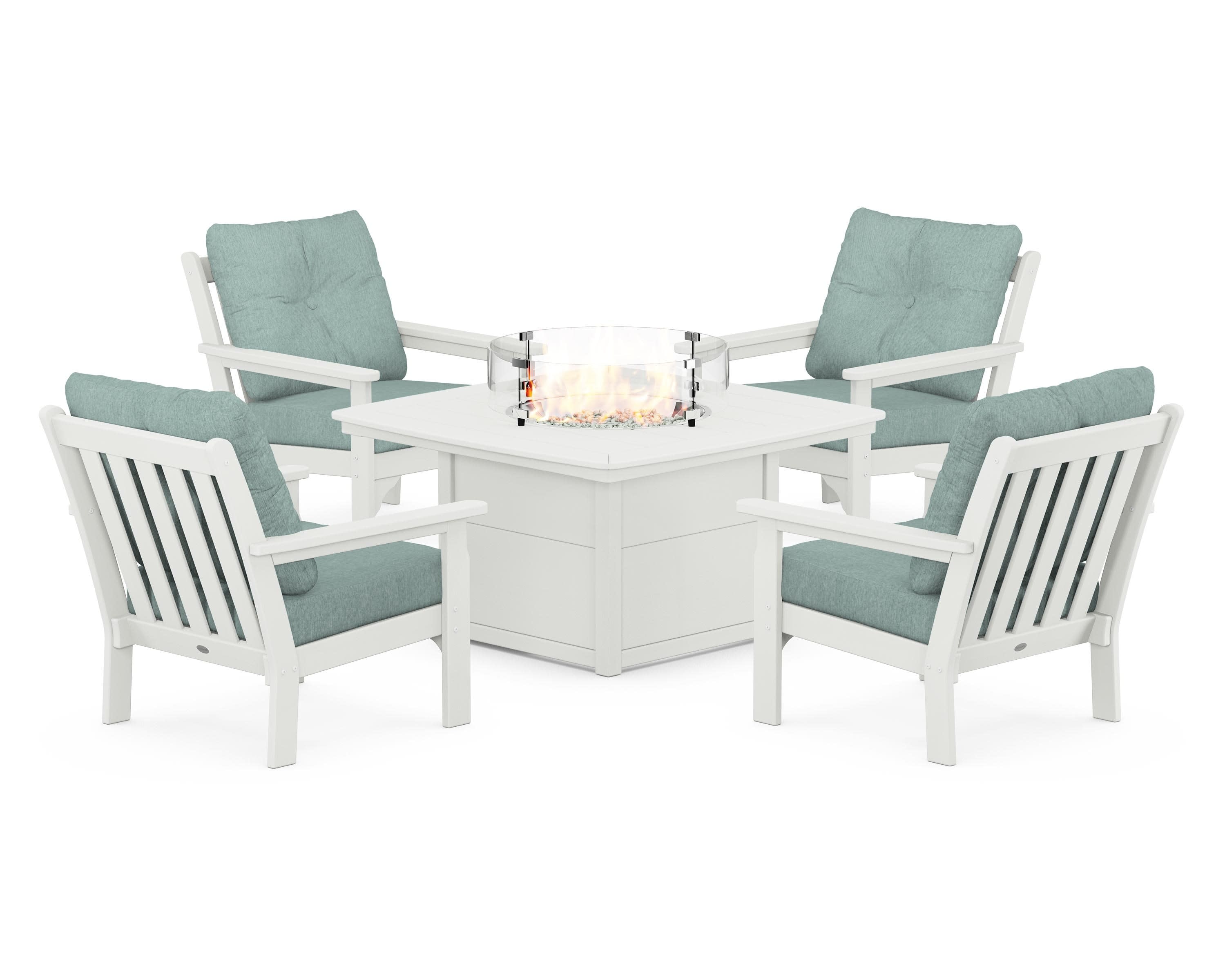 Vineyard 5-Piece Conversation Set with Fire Pit Table in Vintage White / Glacier Spa
