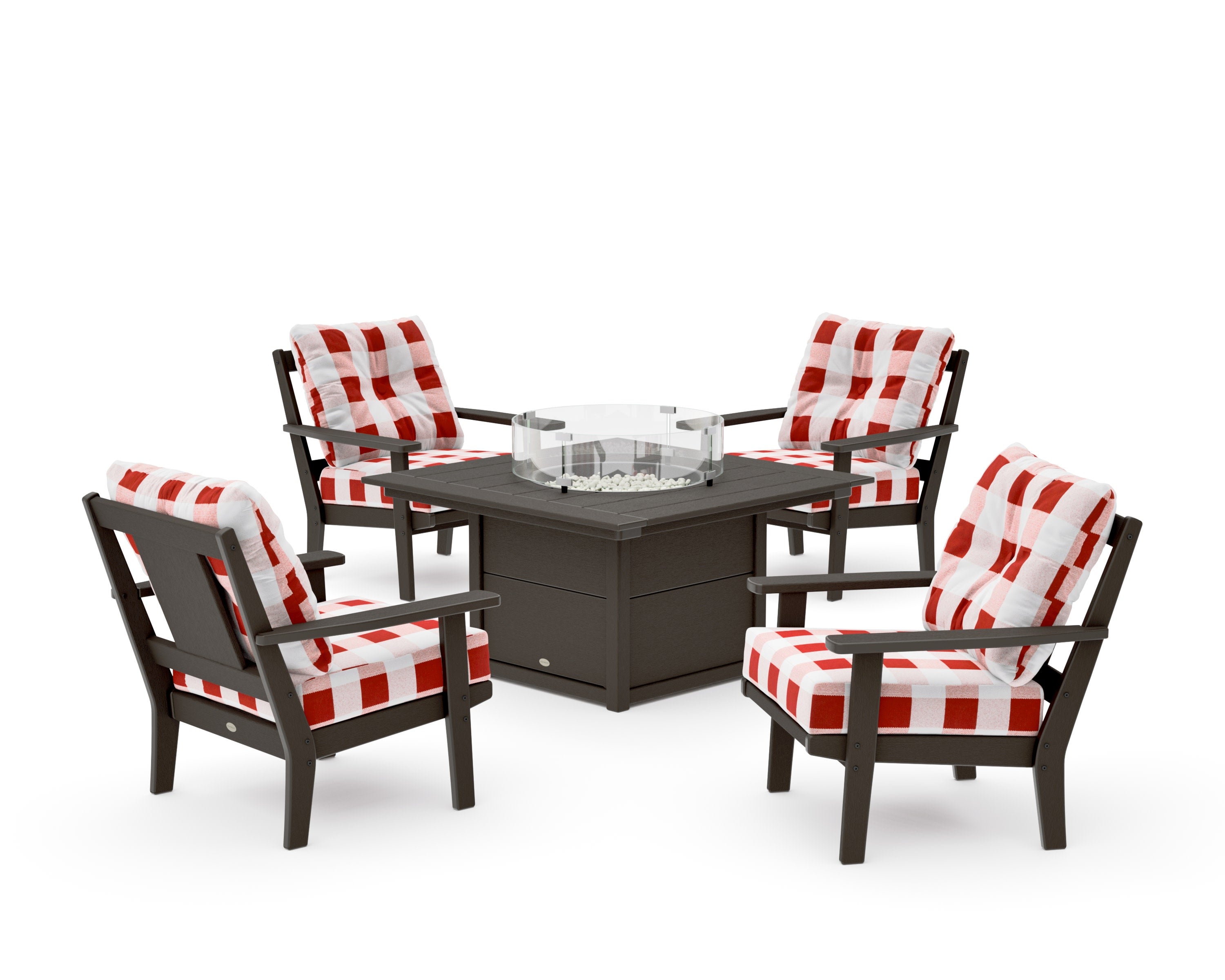 Prairie 5-Piece Deep Seating Set with Fire Pit Table in Vintage Coffee / Buffalo Plaid Crimson