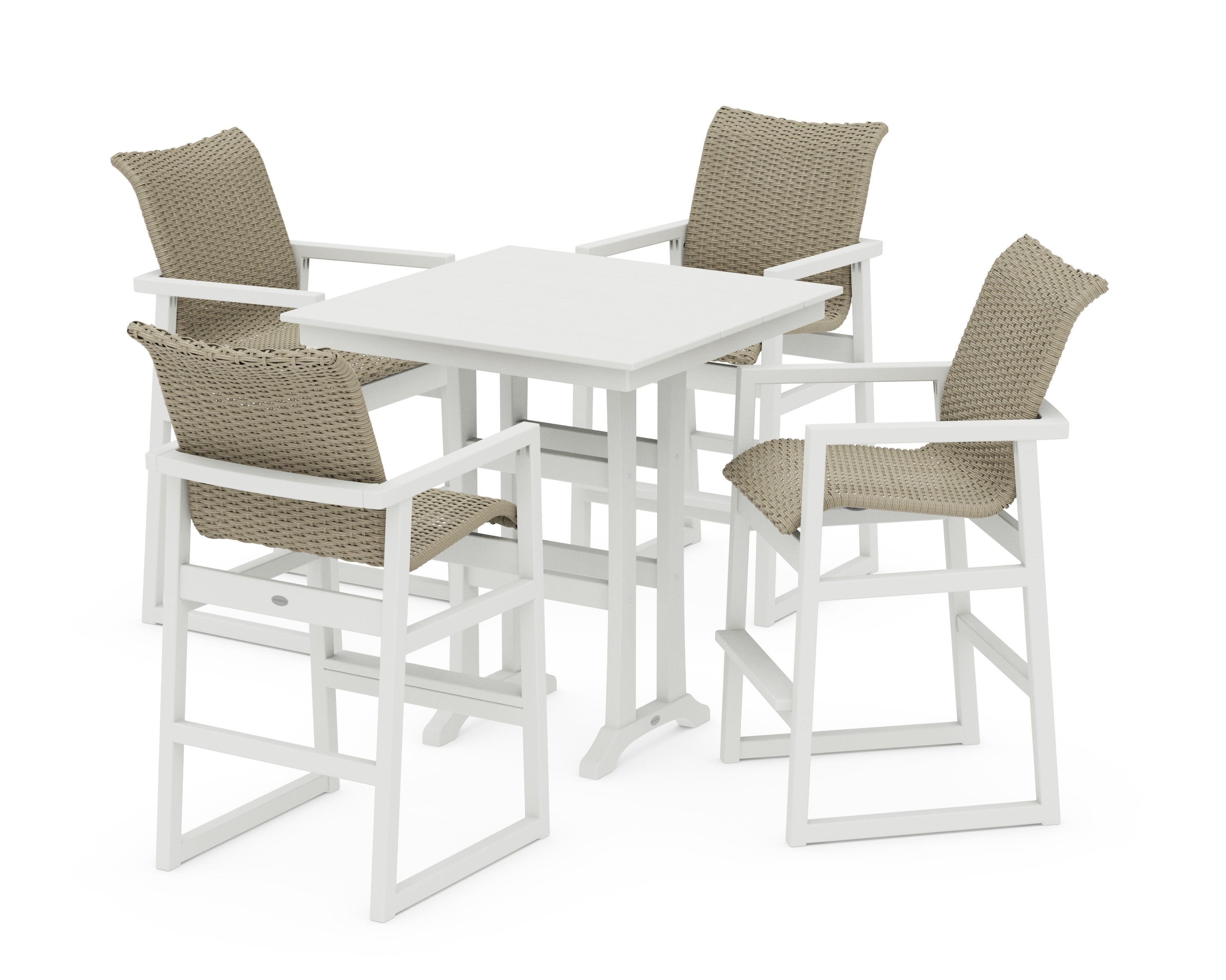EDGE Woven 5-Piece Farmhouse Bar Set with Trestle Legs in White / Dune Grass