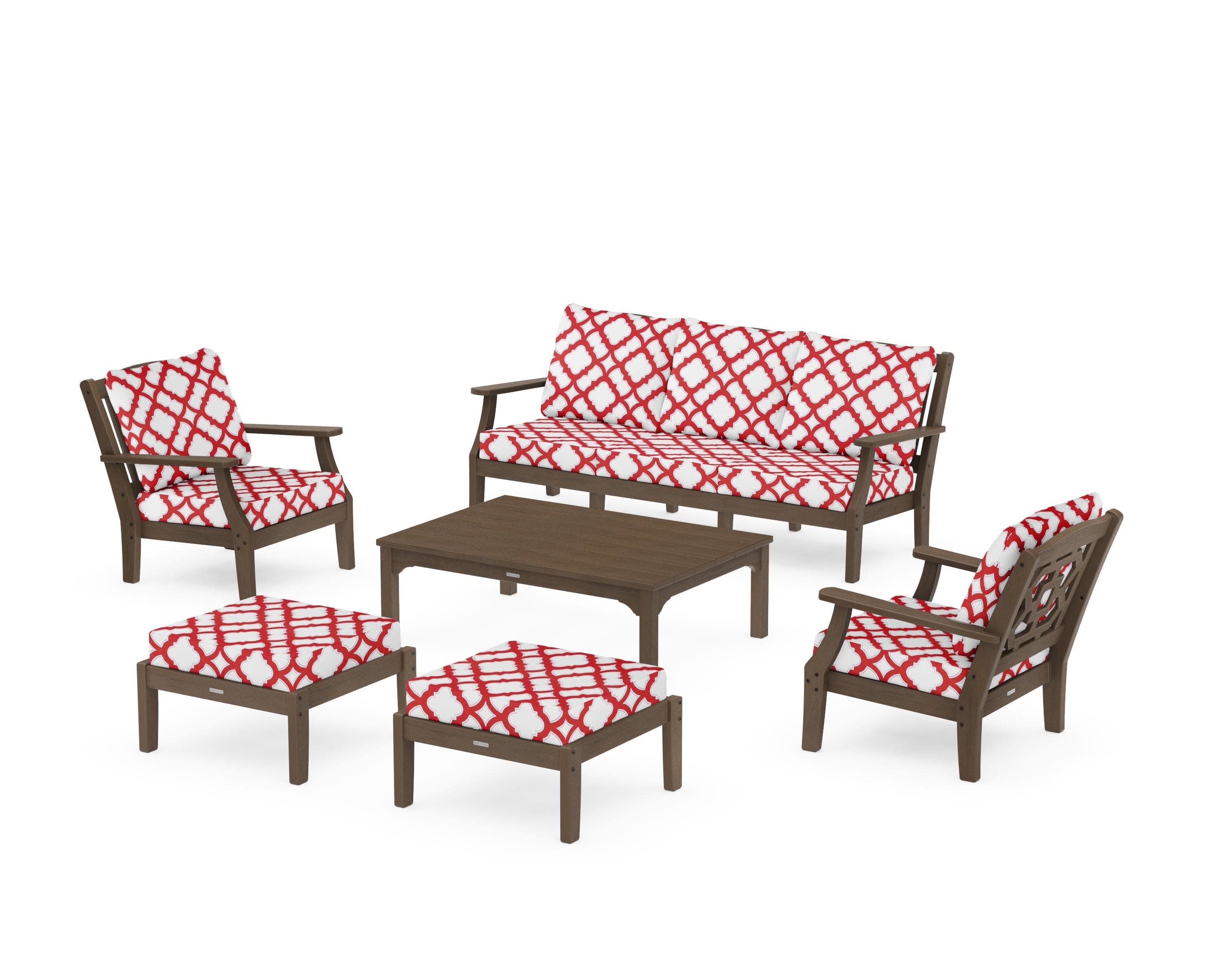 Chinoiserie 6-Piece Lounge Sofa Set in Kona / Trellis Crimson