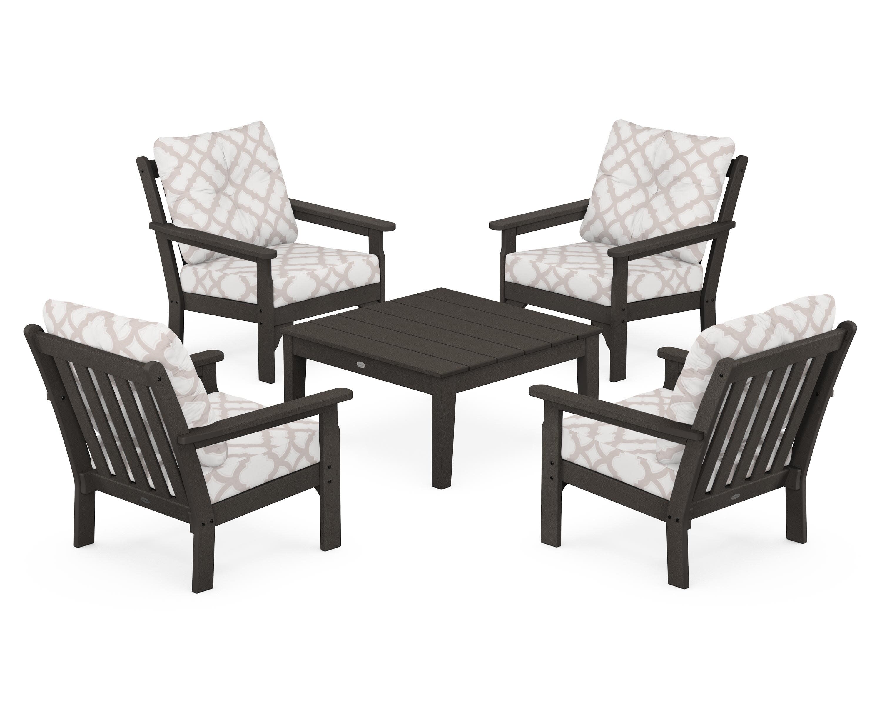 Vineyard 5-Piece Deep Seating Conversation Set in Vintage Coffee / Trellis Dune Burlap