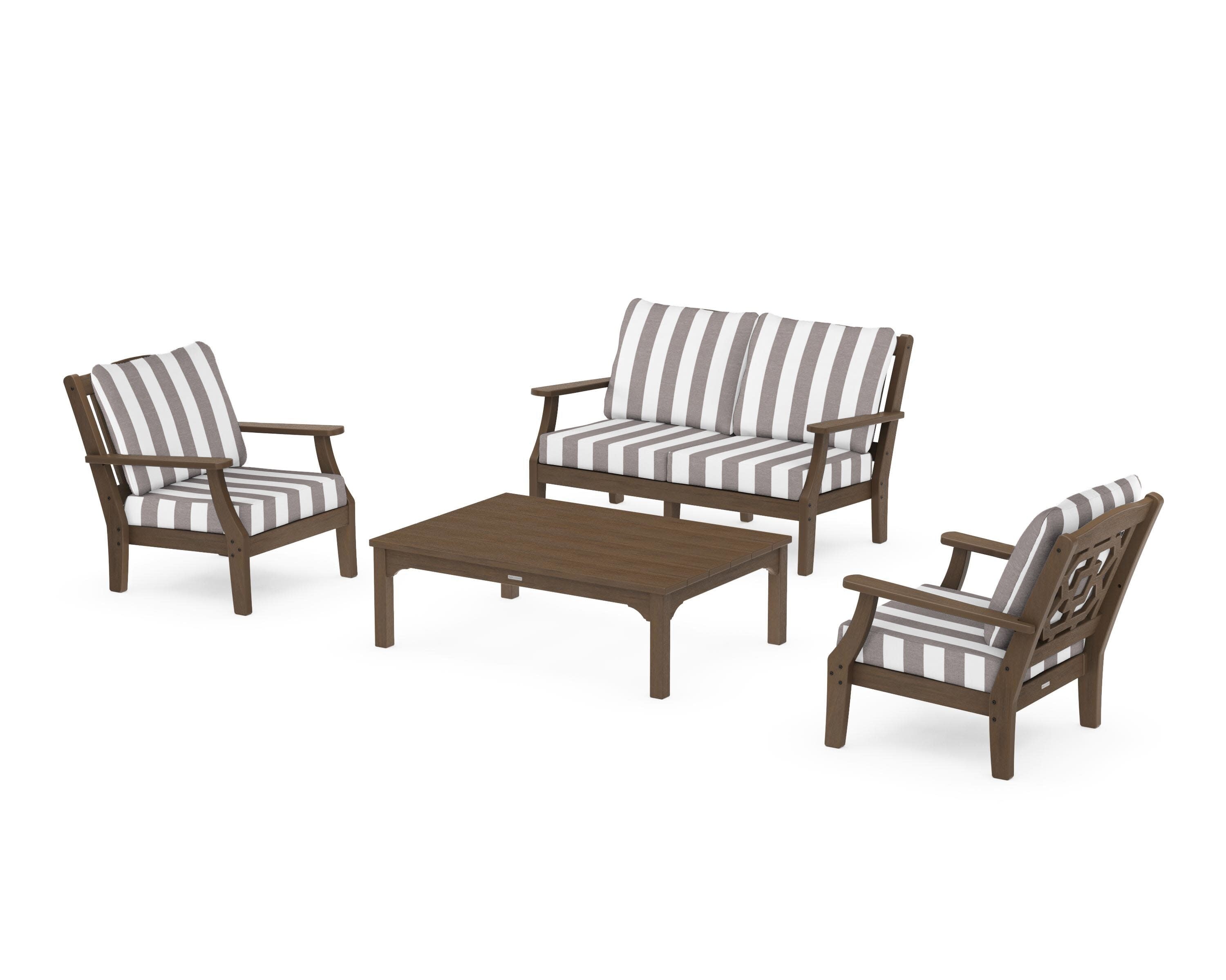Chinoiserie 4-Piece Deep Seating Set with Loveseat in Kona / Cabana Stripe Grey Mist