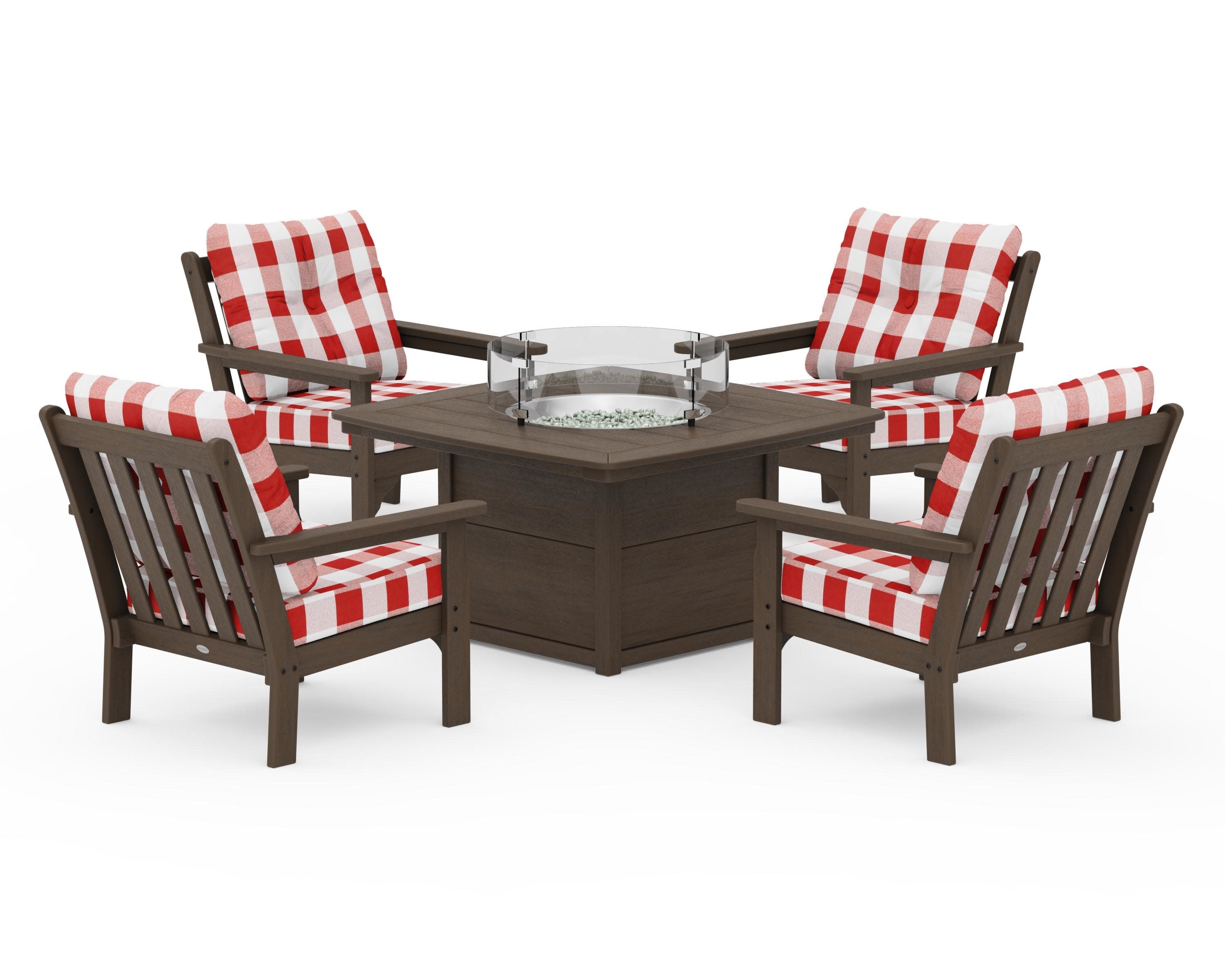 Vineyard 5-Piece Conversation Set with Fire Pit Table in Kona / Buffalo Plaid Crimson