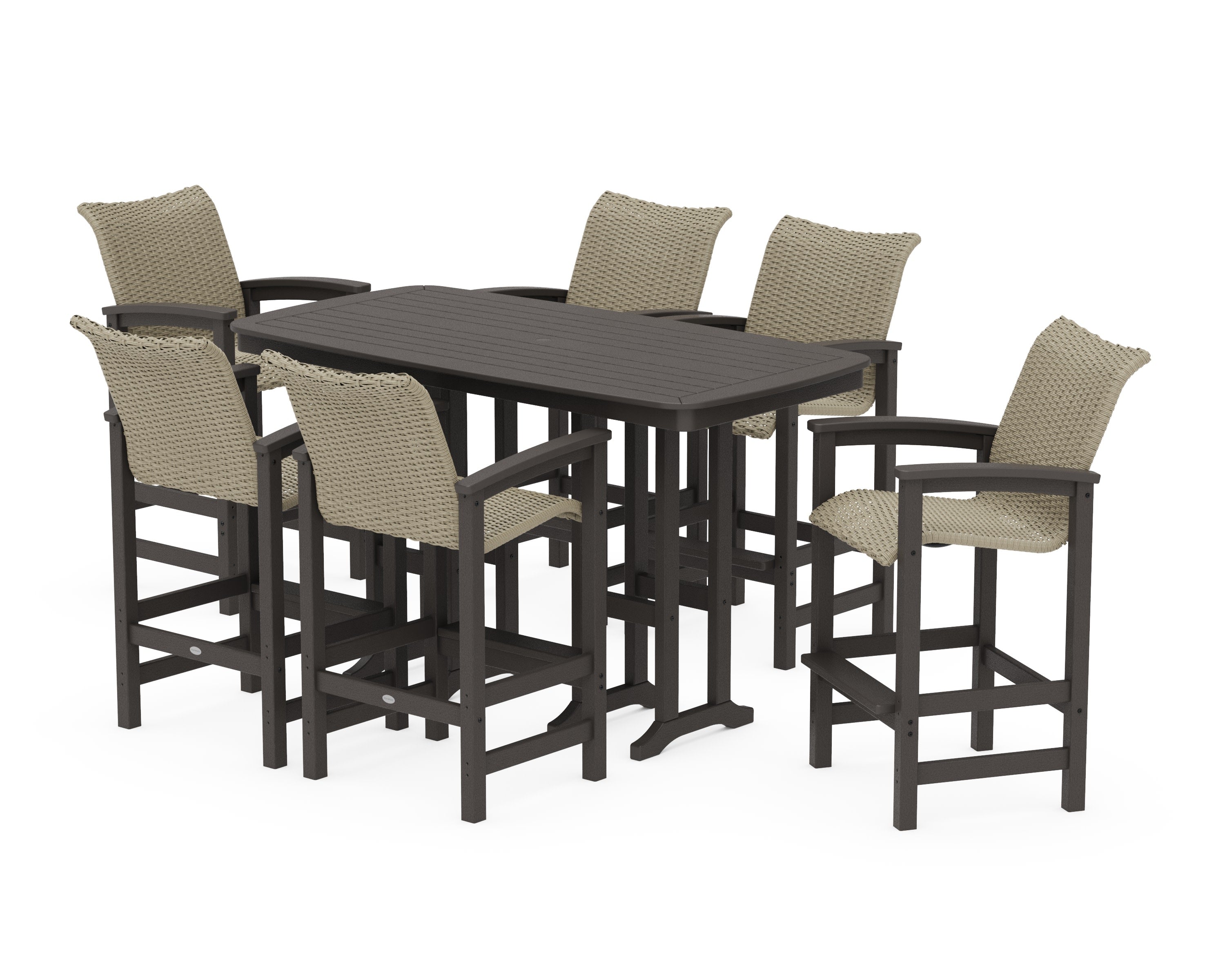 Coastal Woven Arm Chair 7-Piece Bar Set in Vintage Coffee / Dune Grass