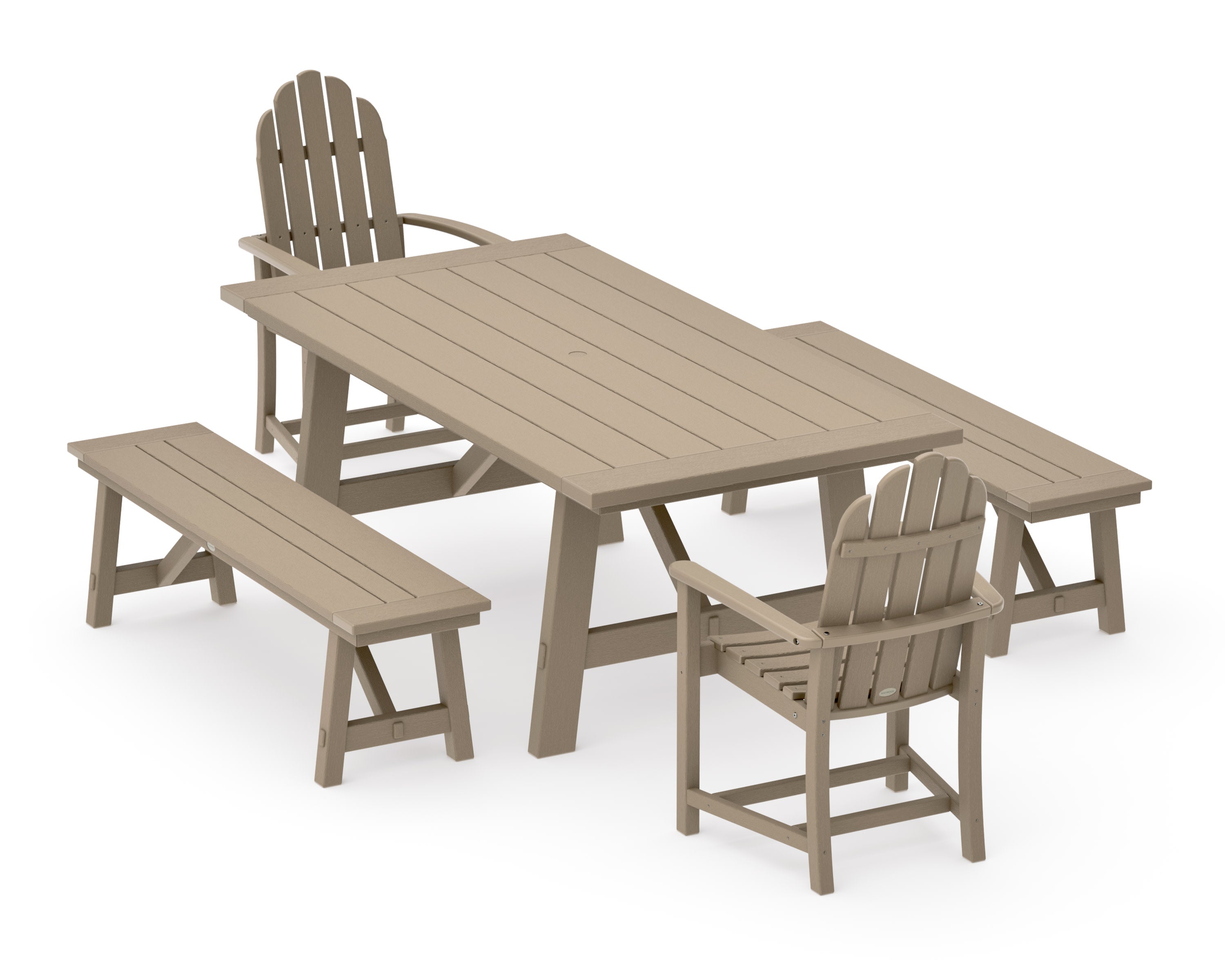 Classic Adirondack 5-Piece Rustic Farmhouse Dining Set With Benches in Vintage Sahara