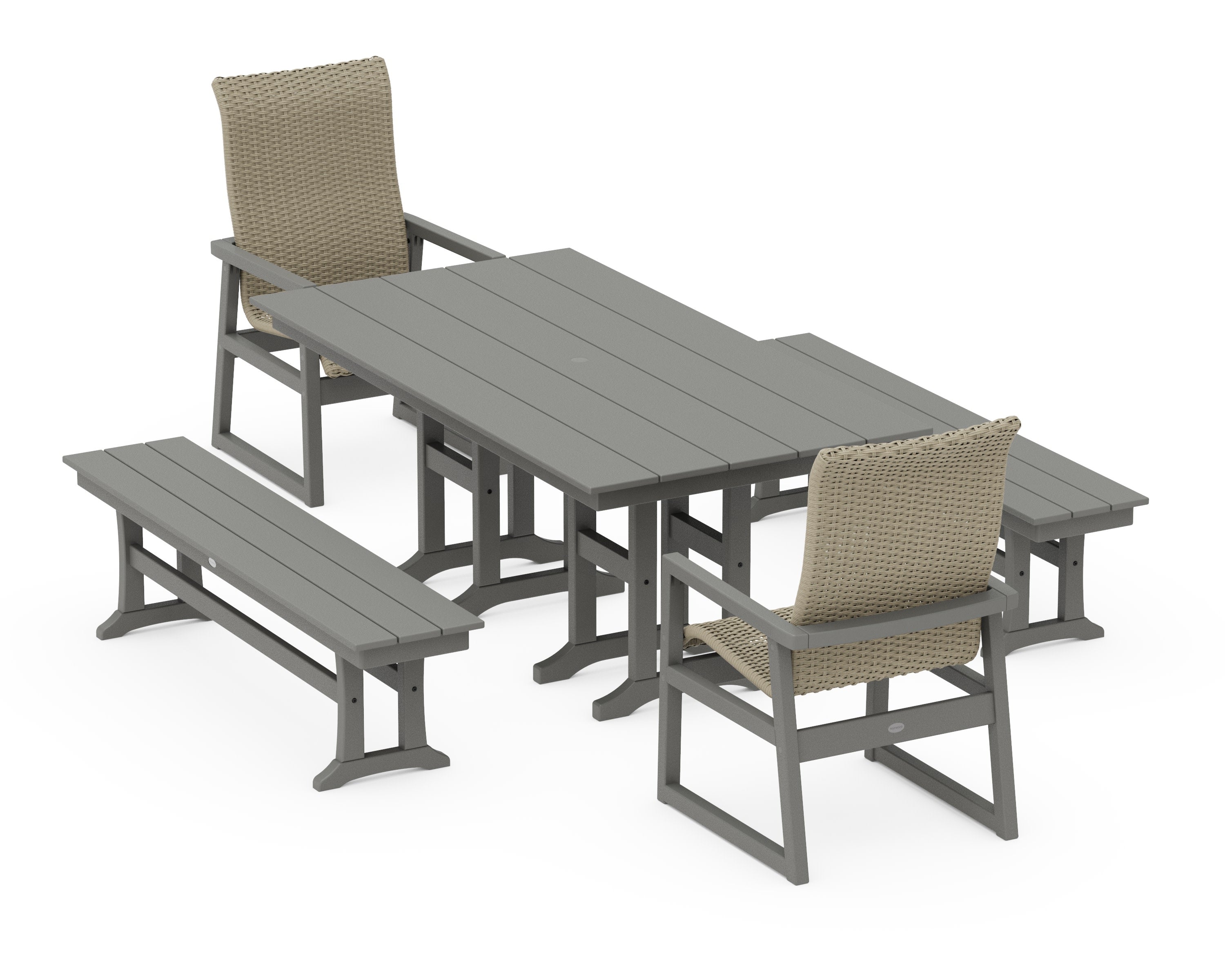 EDGE Woven Highback 5-Piece Farmhouse Dining Set with Benches in Slate Grey / Dune Grass