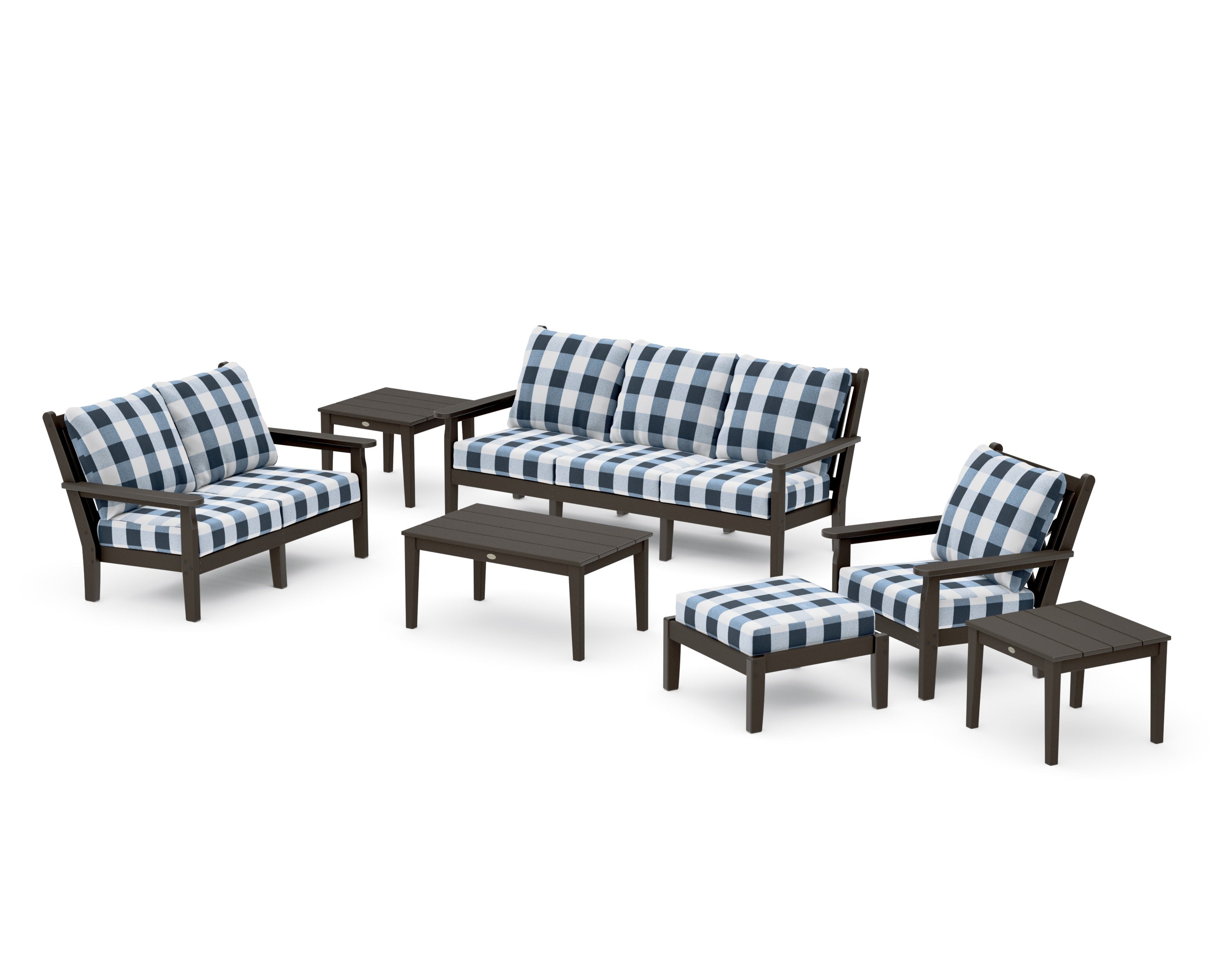 Chippendale 7-Piece Deep Seating Set in Vintage Coffee / Buffalo Plaid Marine Indigo