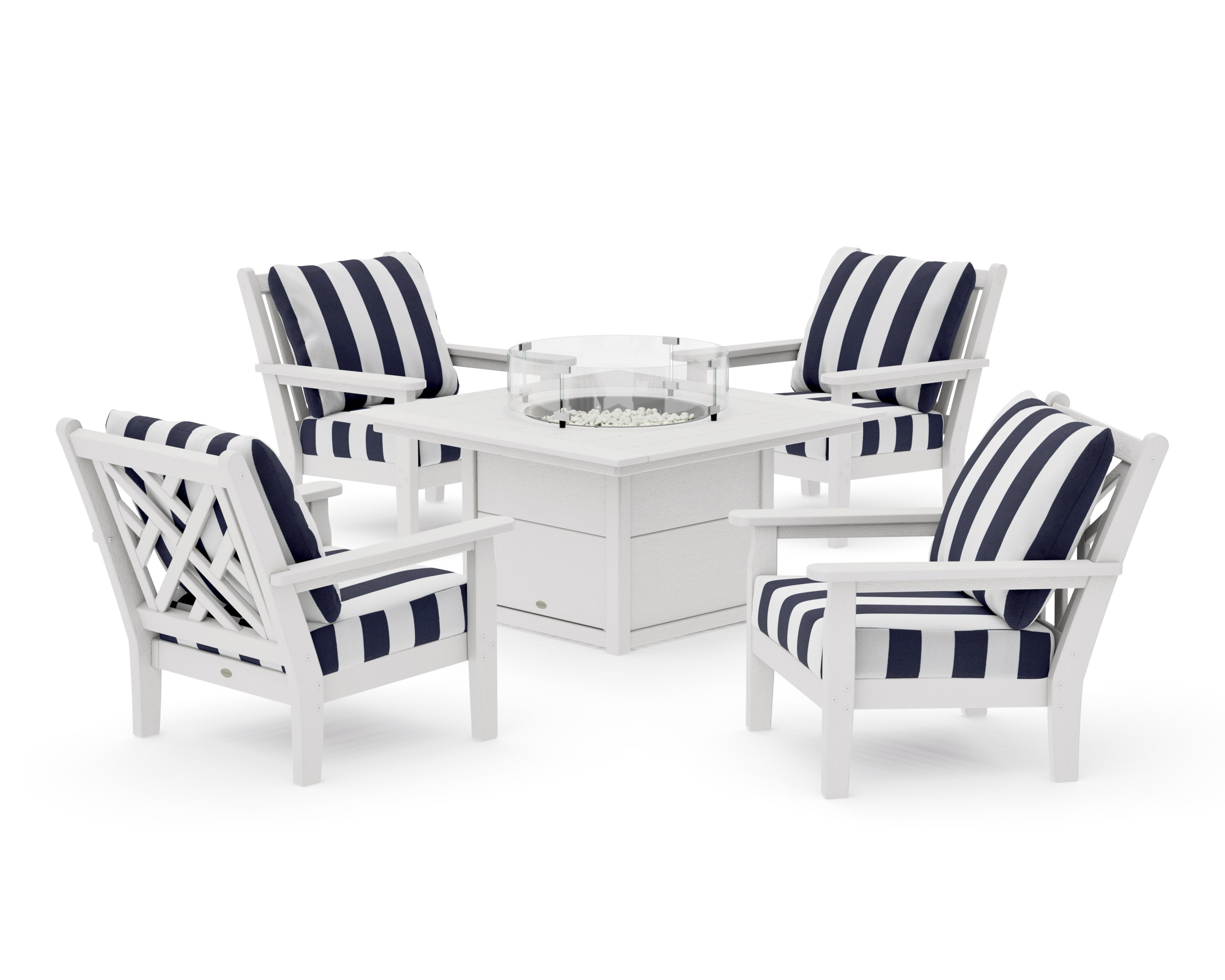 Chippendale 5-Piece Deep Seating Set with Fire Pit Table in Vintage White / Cabana Stripe Navy