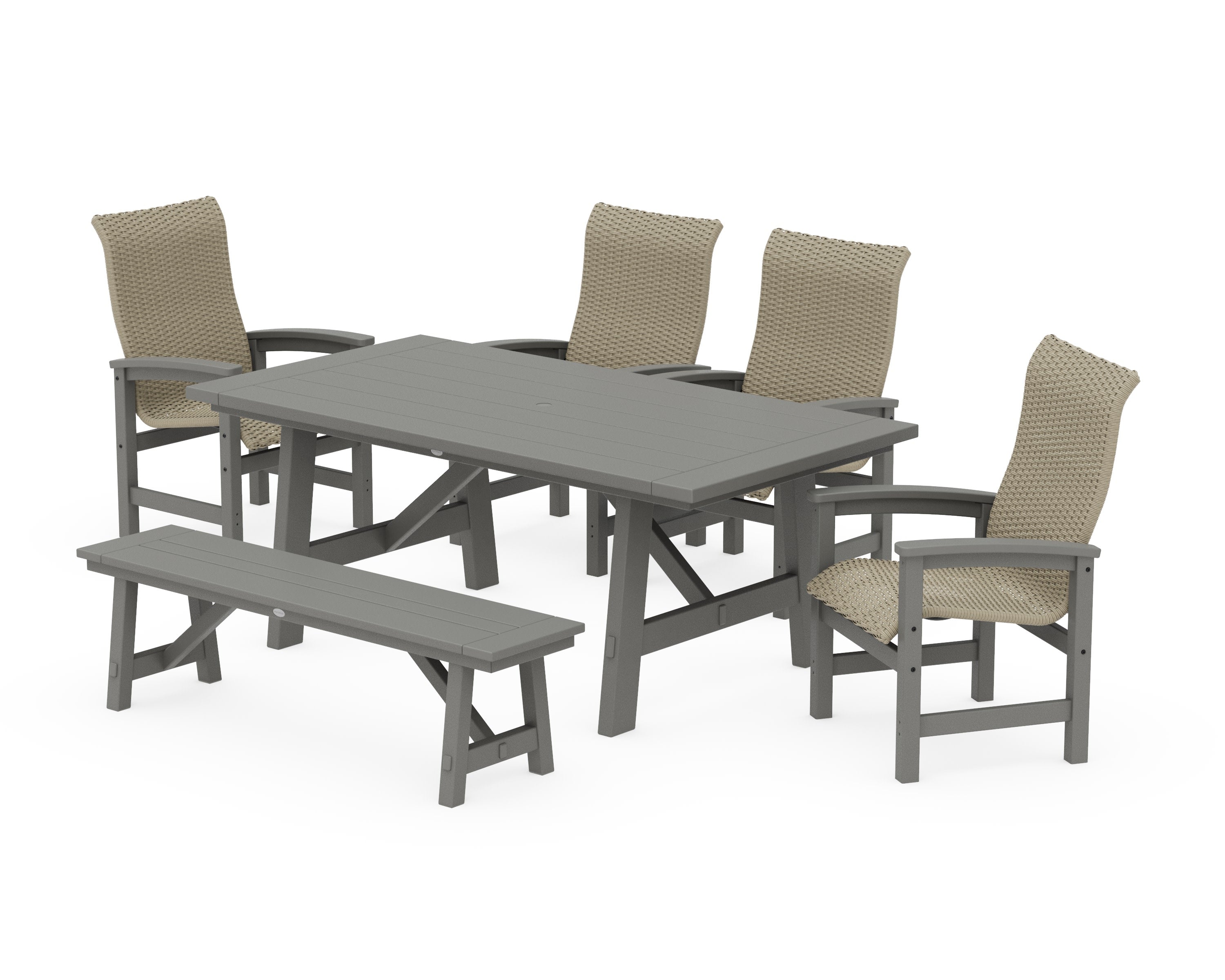 Coastal Woven High-Back 6-Piece Rustic Farmhouse Dining Set with Bench in Slate Grey / Dune Grass
