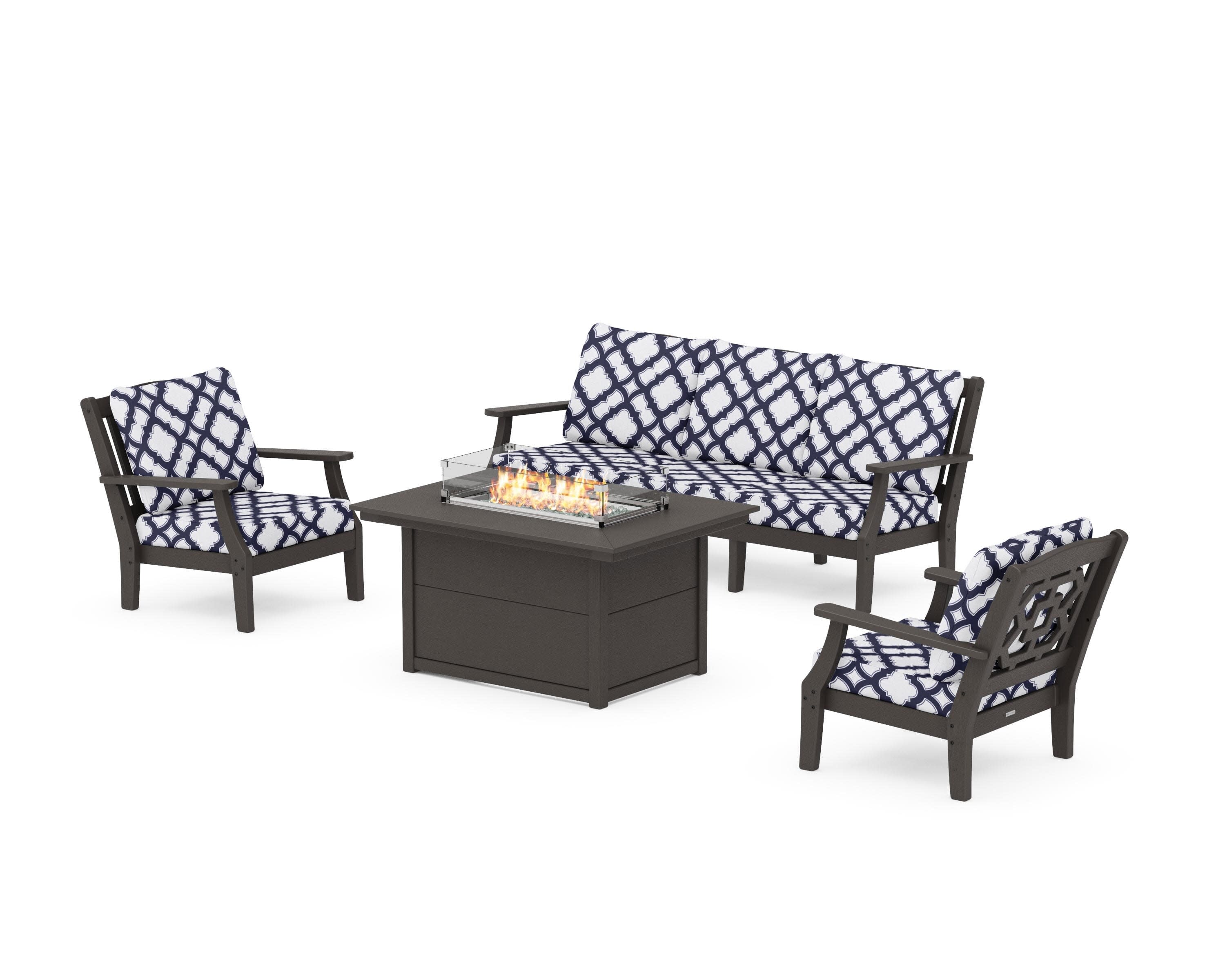 Chinoiserie Deep Seating Fire Pit Table Set in Vintage Coffee / Trellis Navy