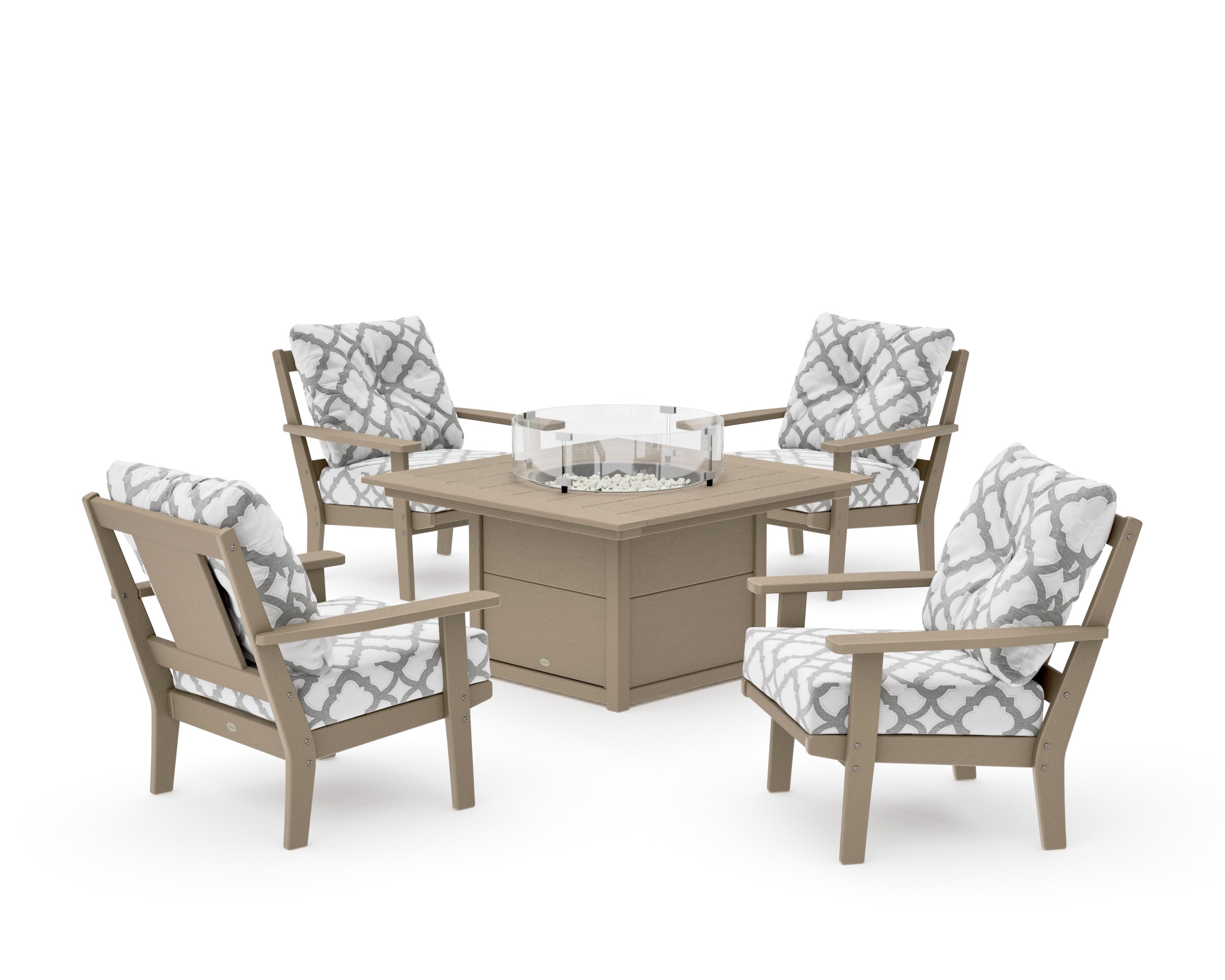 Prairie 5-Piece Deep Seating Set with Fire Pit Table in Vintage Sahara / Trellis Grey Mist