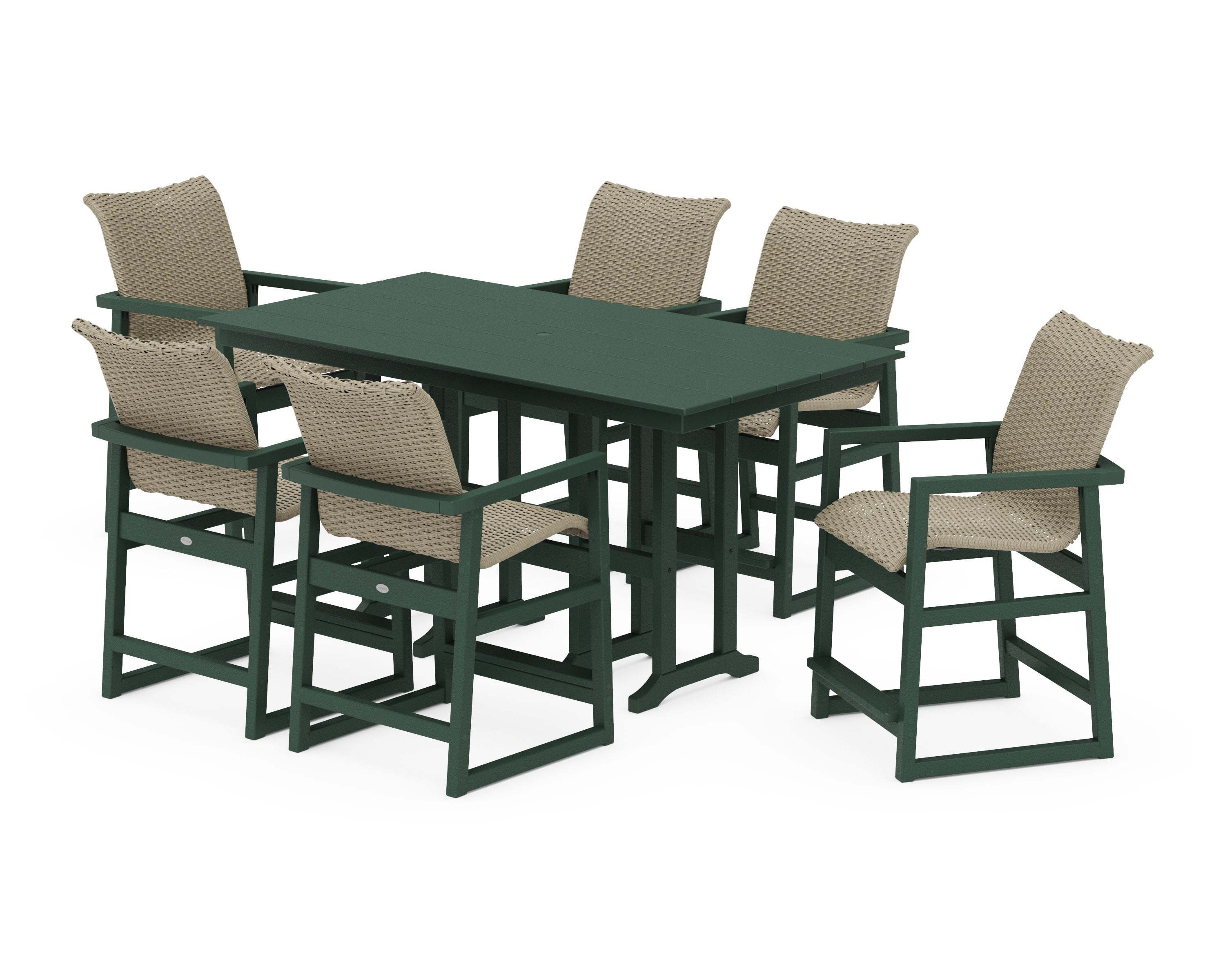 EDGE Woven Arm Chair 7-Piece Farmhouse Counter Set in Green / Dune Grass