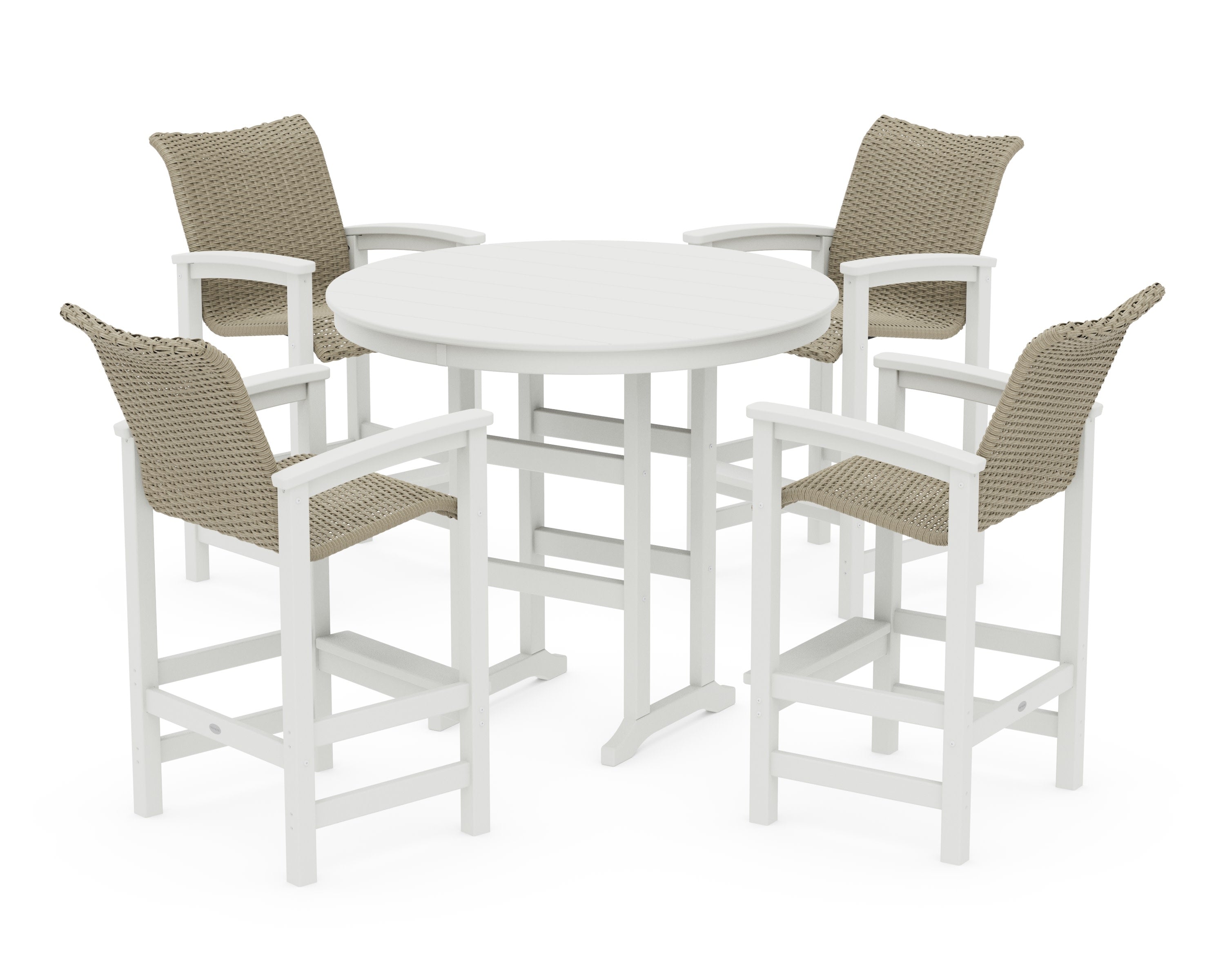 Coastal Woven 5-Piece Round Farmhouse Bar Set in Vintage White / Dune Grass