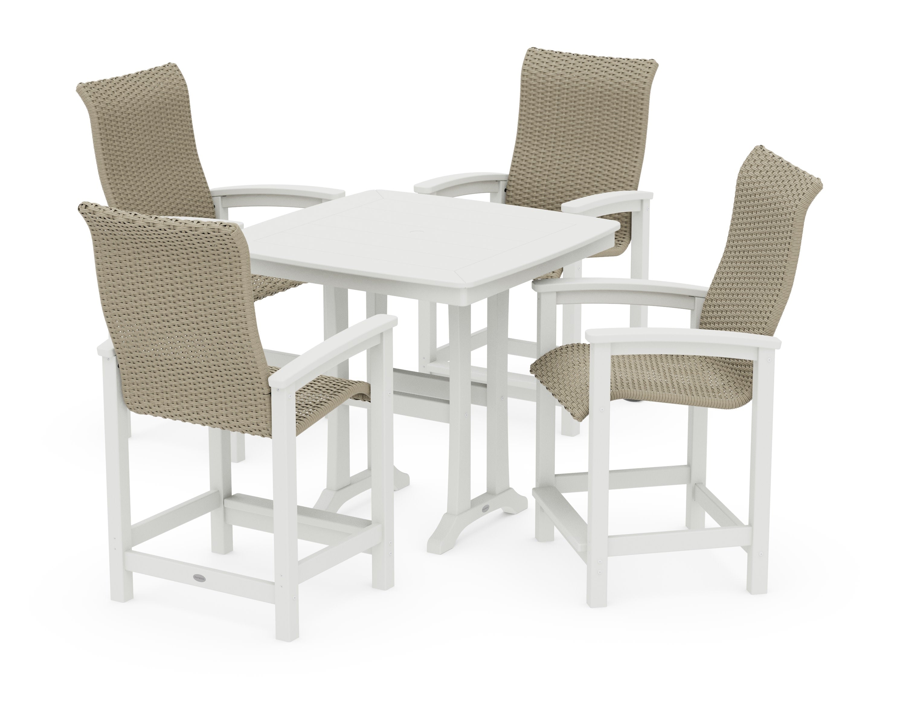 Coastal Woven High-Back 5-Piece Counter Set with Trestle Legs in White / Dune Grass