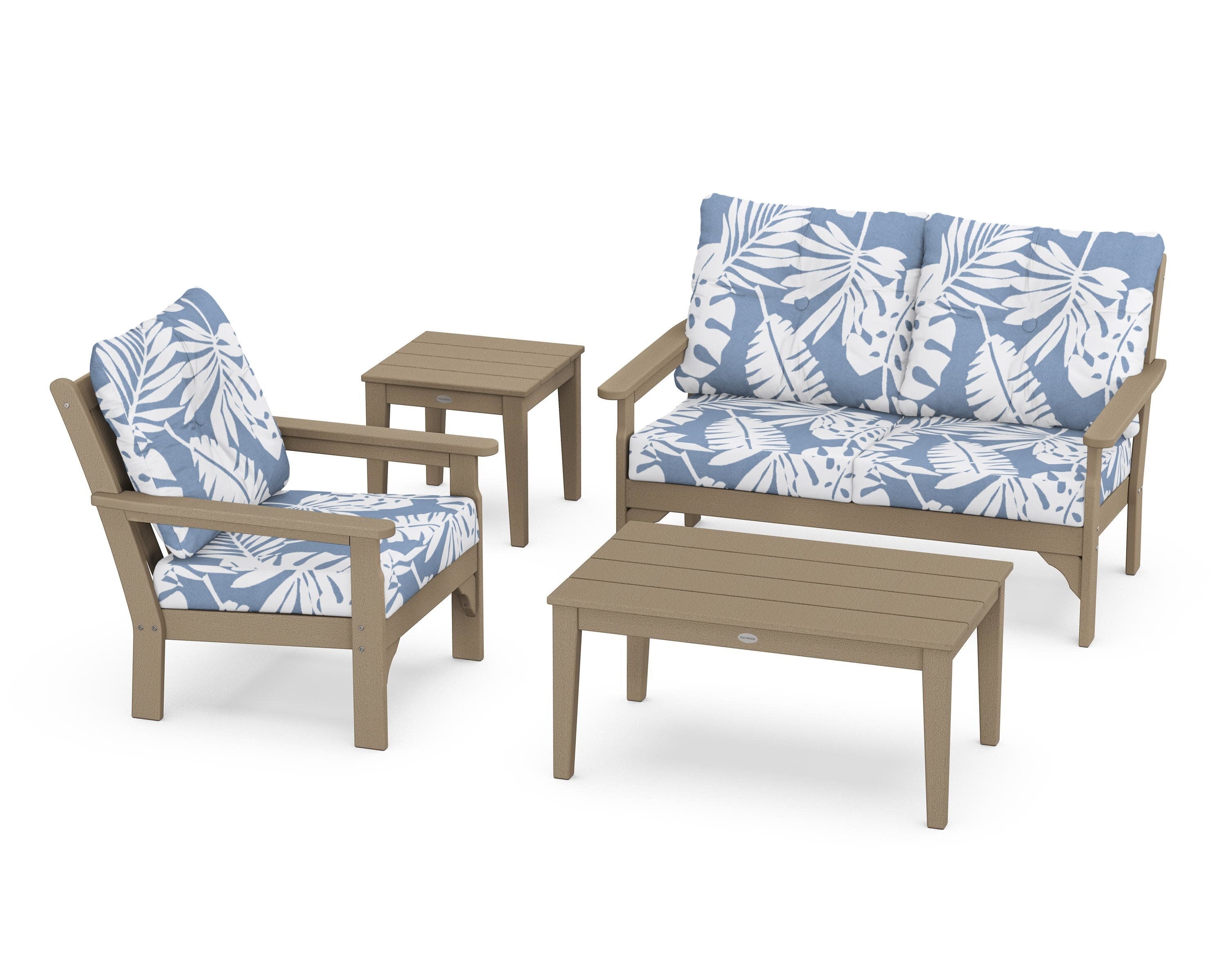 Vineyard 4-Piece Deep Seating Set in Vintage Sahara / Leaf Sky Blue