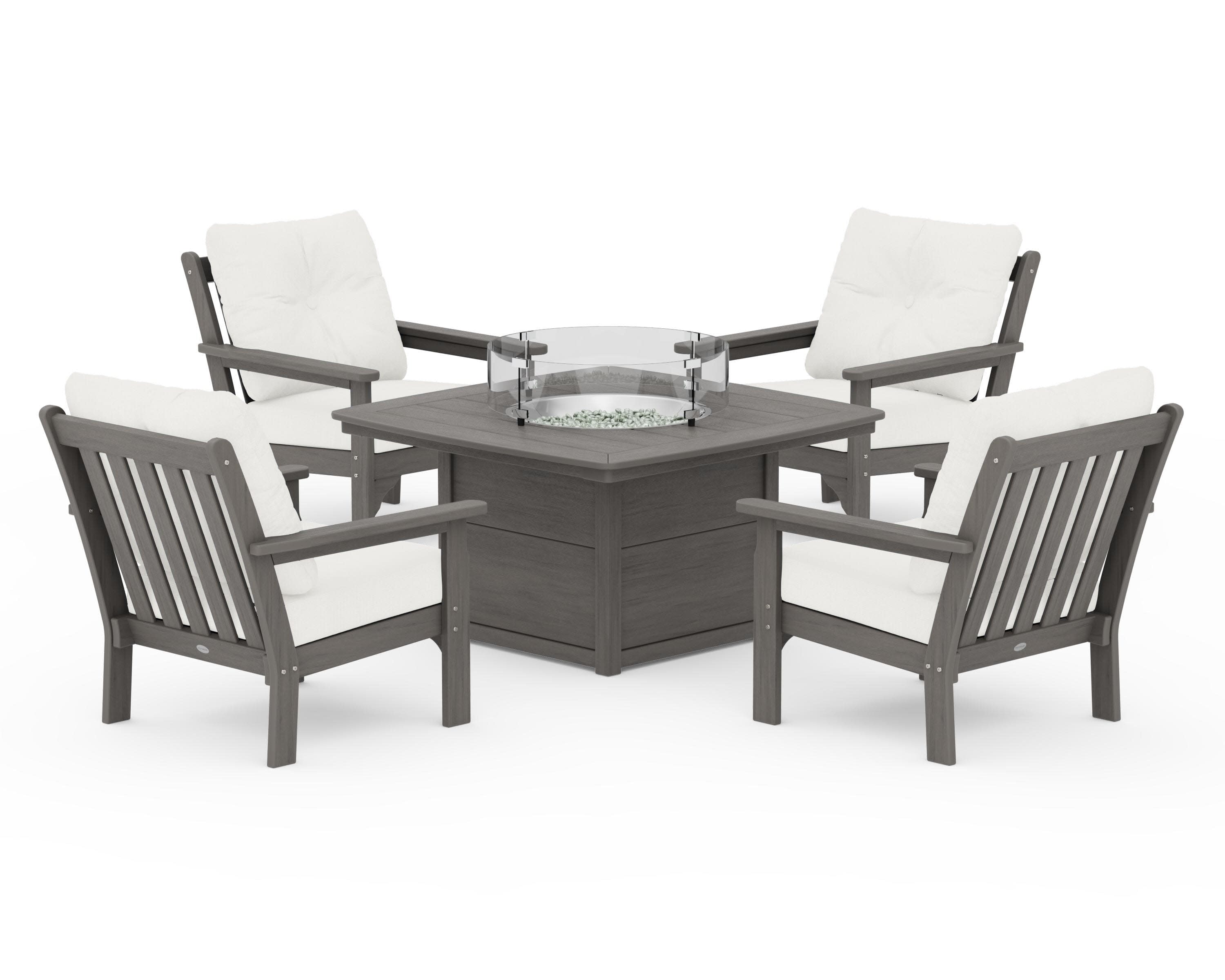 Vineyard 5-Piece Conversation Set with Fire Pit Table in Driftwood / Natural Linen