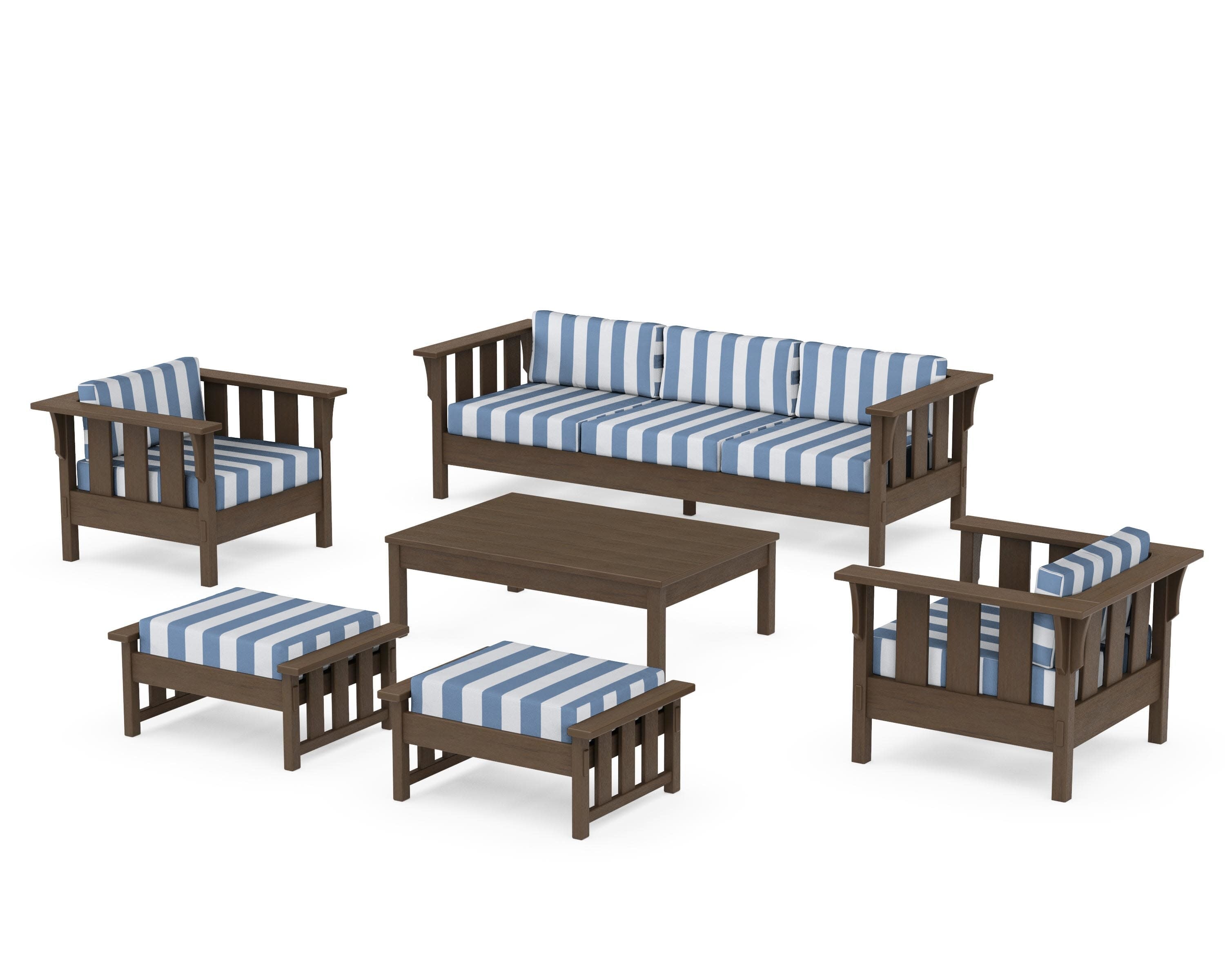 Acadia 6-Piece Lounge Sofa Set in Kona / Cabana Stripe Sky Blue