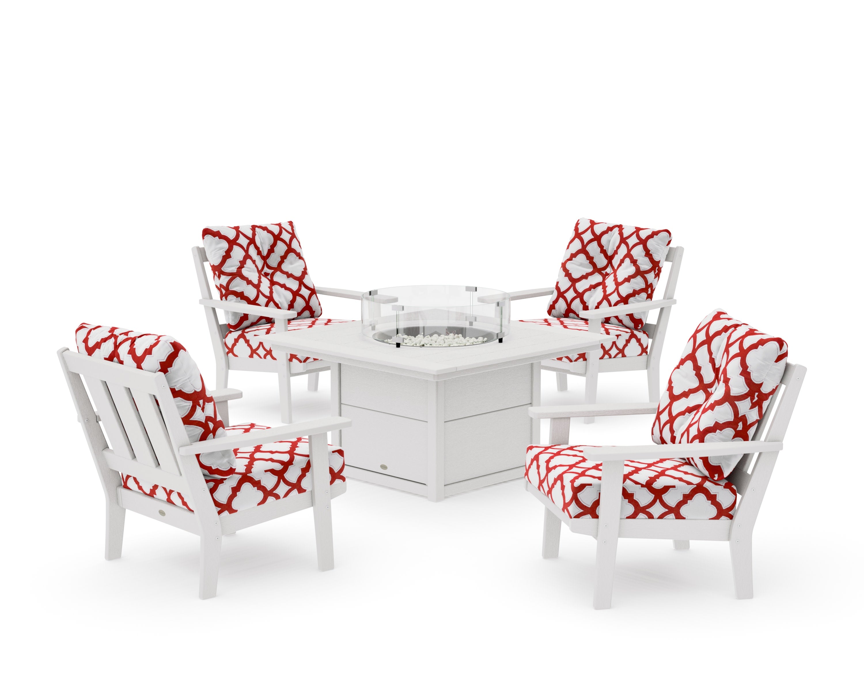 Oxford 5-Piece Deep Seating Set with Fire Pit Table in Vintage White / Trellis Crimson