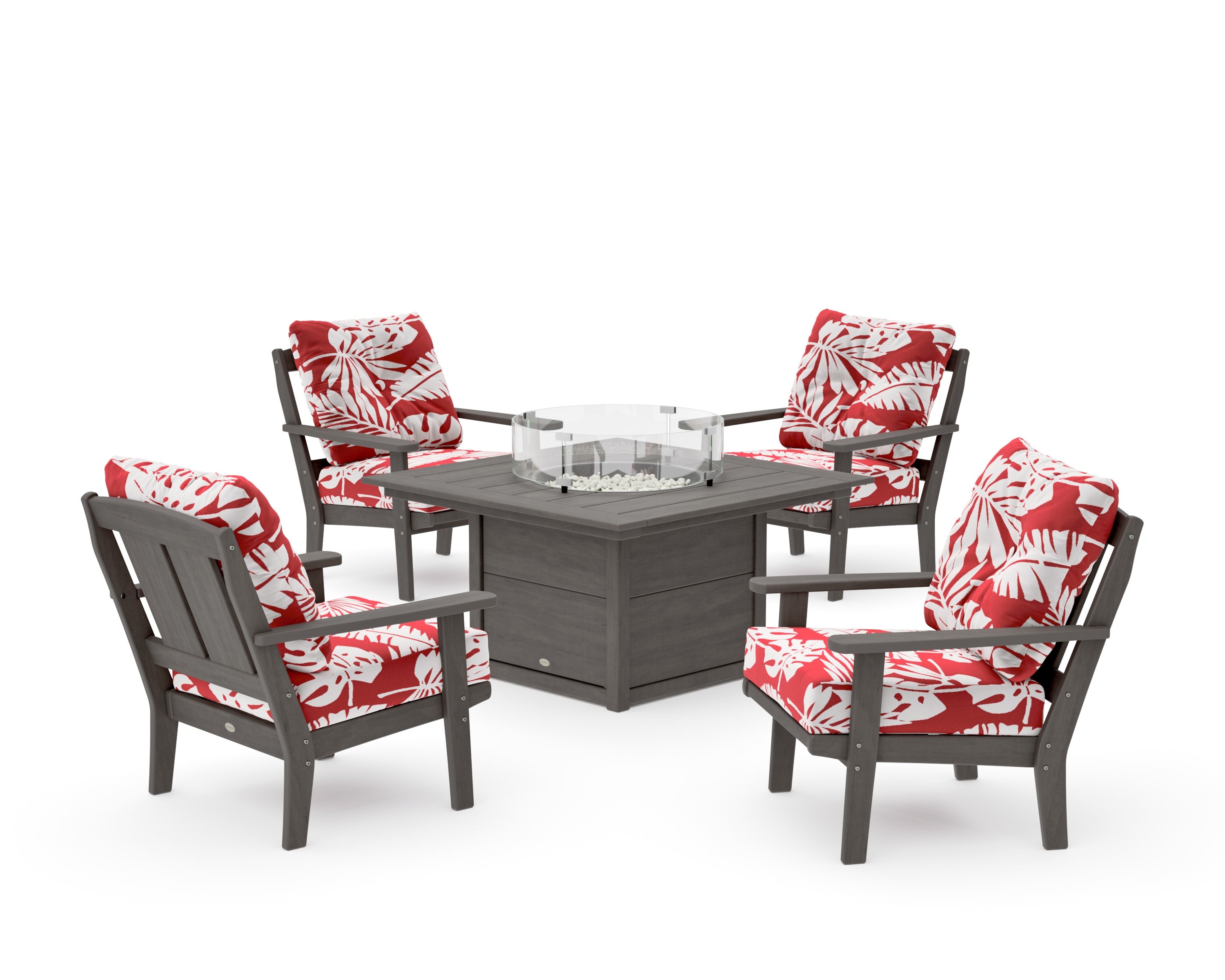 Mission 5-Piece Deep Seating Set with Fire Pit Table in Driftwood / Leaf Crimson
