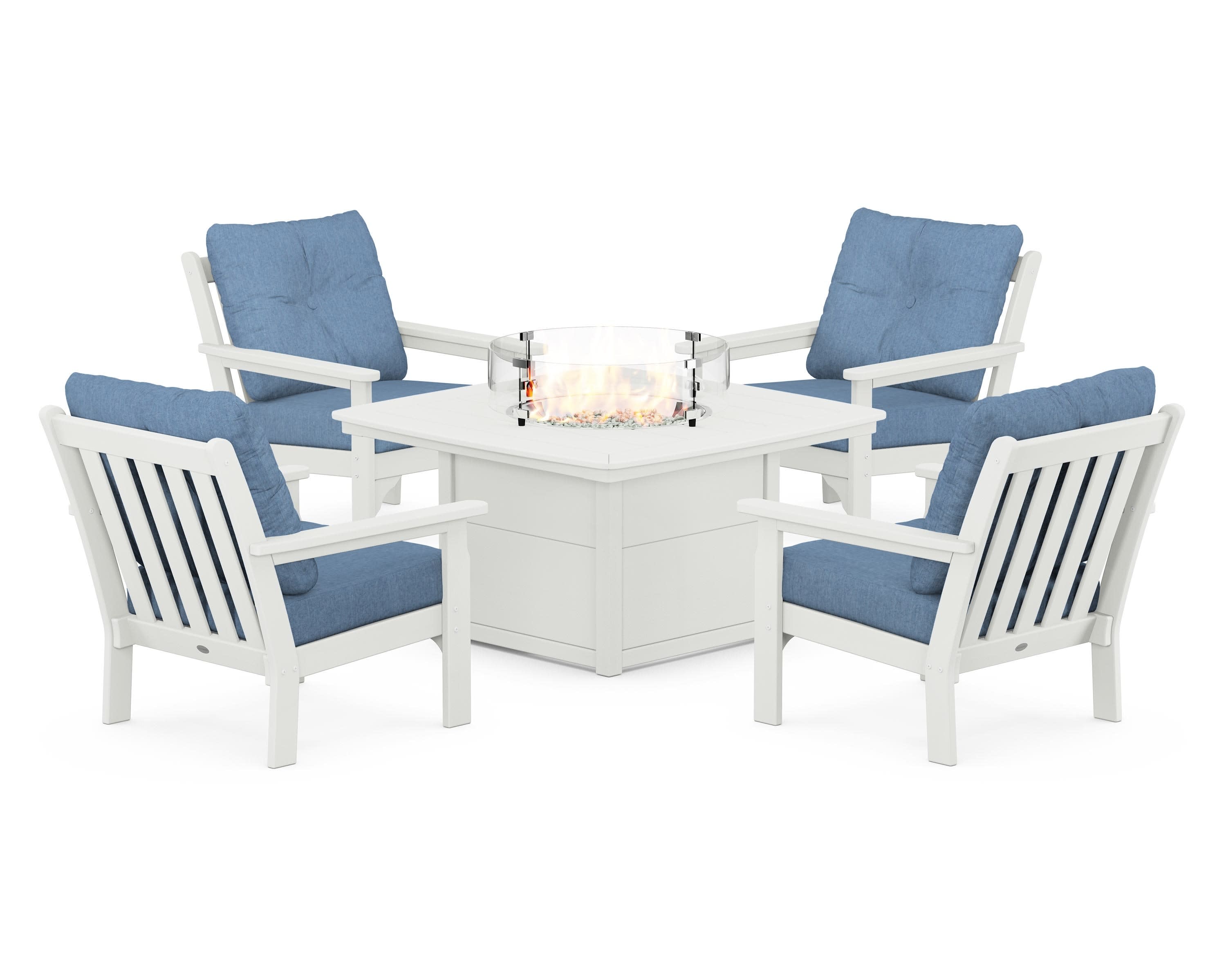 Vineyard 5-Piece Conversation Set with Fire Pit Table in Vintage White / Sky Blue