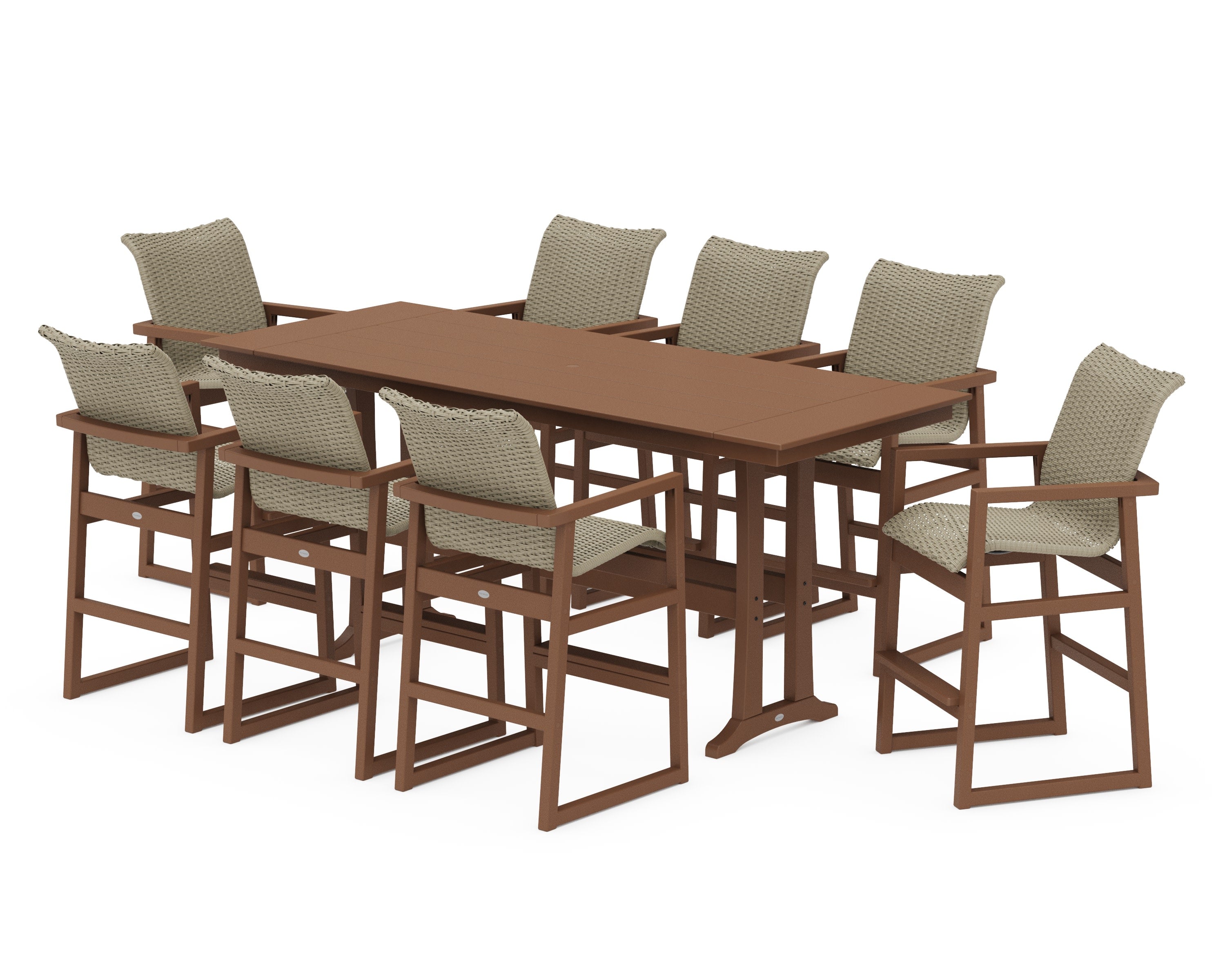 EDGE Woven 9-Piece Farmhouse Bar Set with Trestle Legs in Teak / Dune Grass