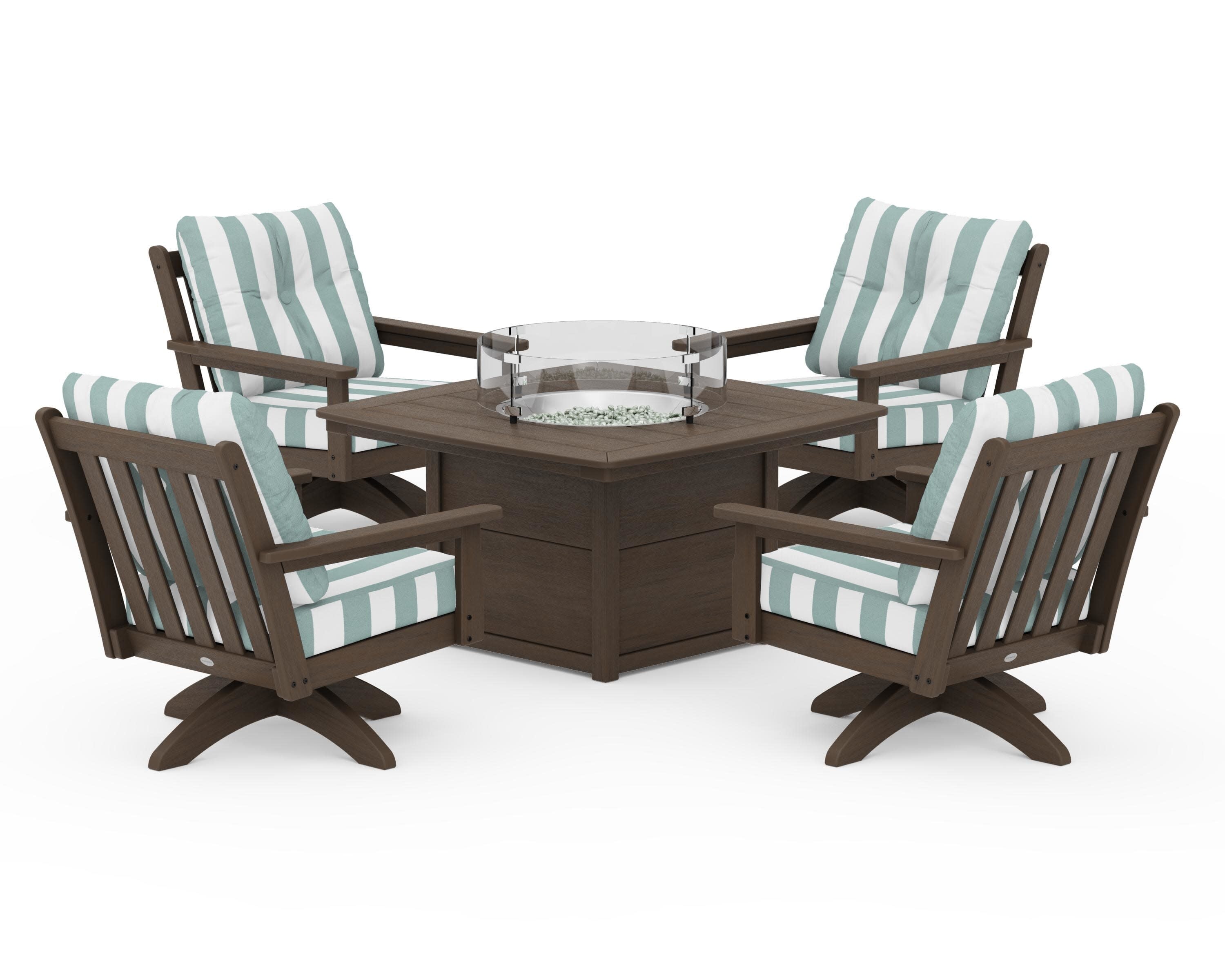 Vineyard 5-Piece Deep Seating Swivel Conversation Set with Fire Pit Table in Kona / Cabana Stripe Glacier Spa
