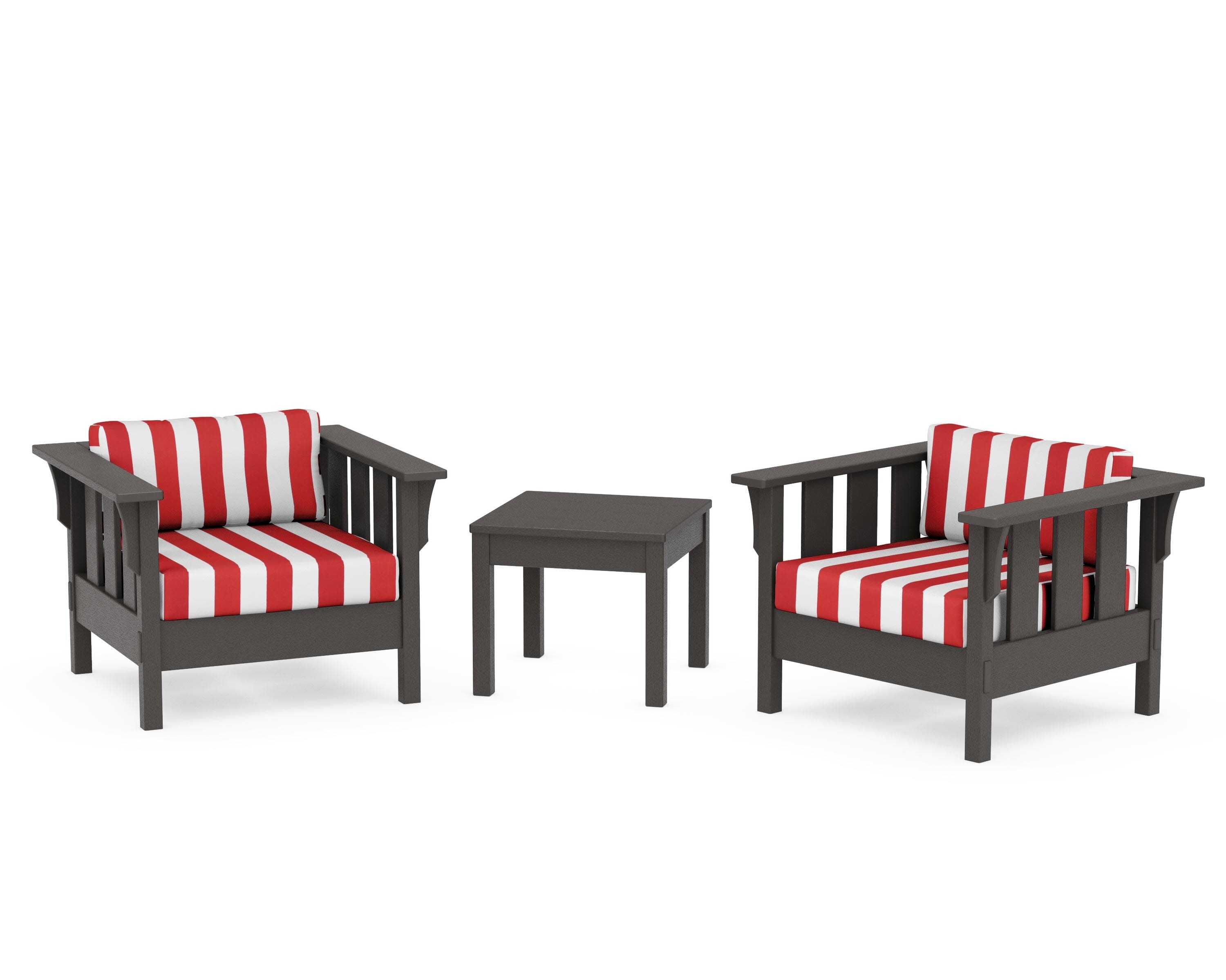 Acadia 3-Piece Deep Seating Set in Vintage Coffee / Cabana Stripe Crimson