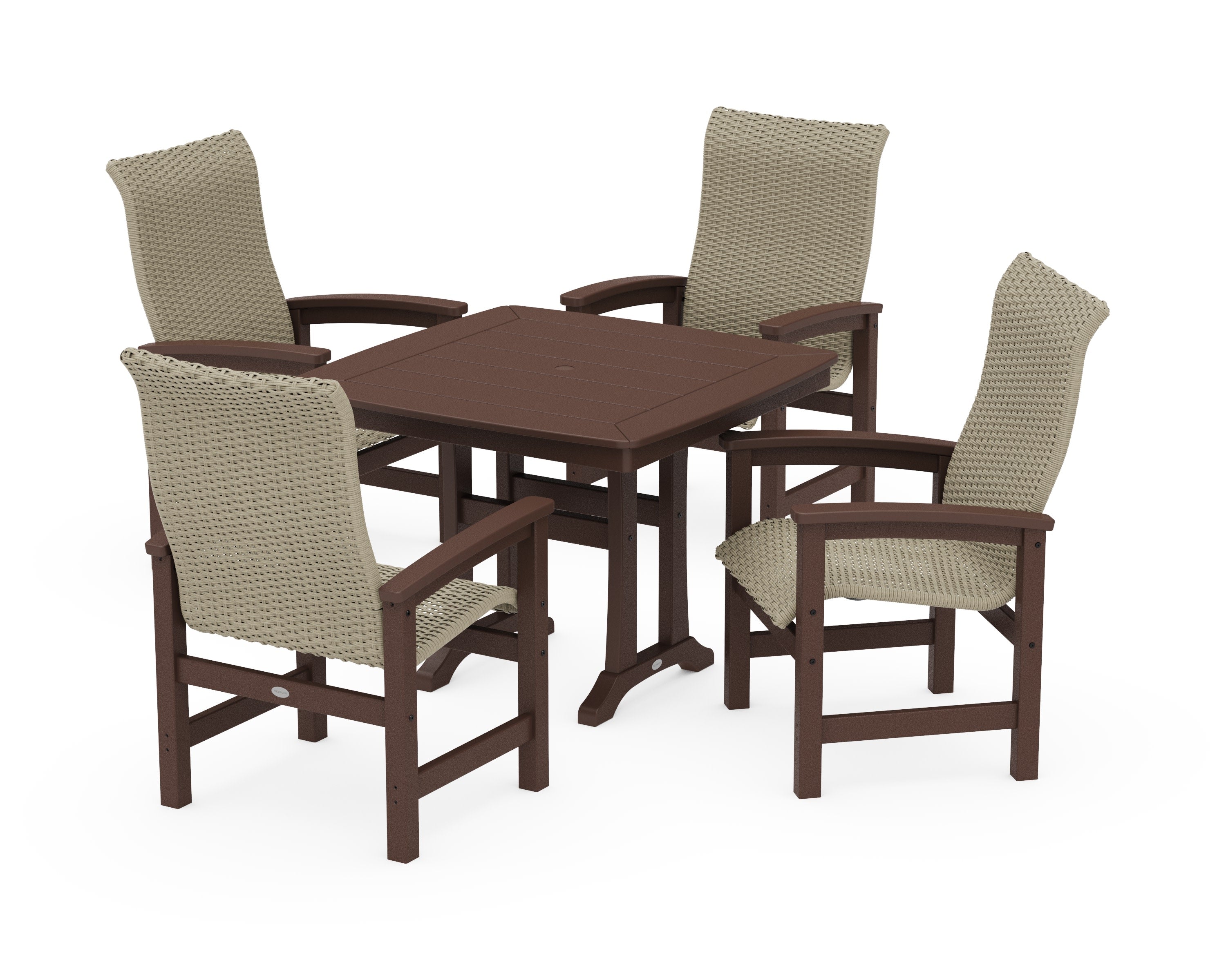 Coastal Woven High-Back 5-Piece Dining Set with Trestle Legs in Mahogany / Dune Grass