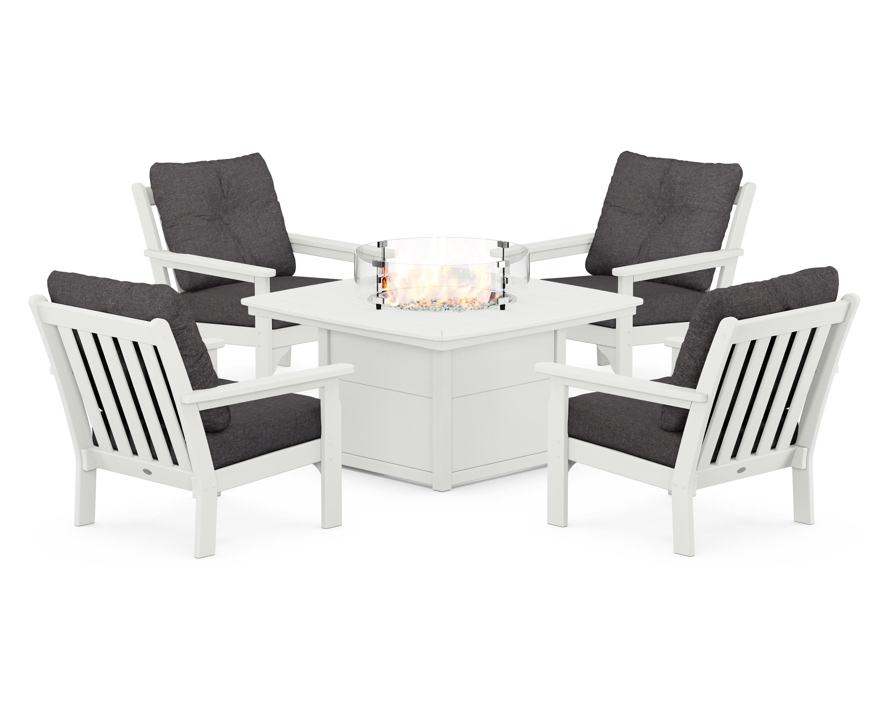 Vineyard 5-Piece Conversation Set with Fire Pit Table in Vintage White / Ash Charcoal