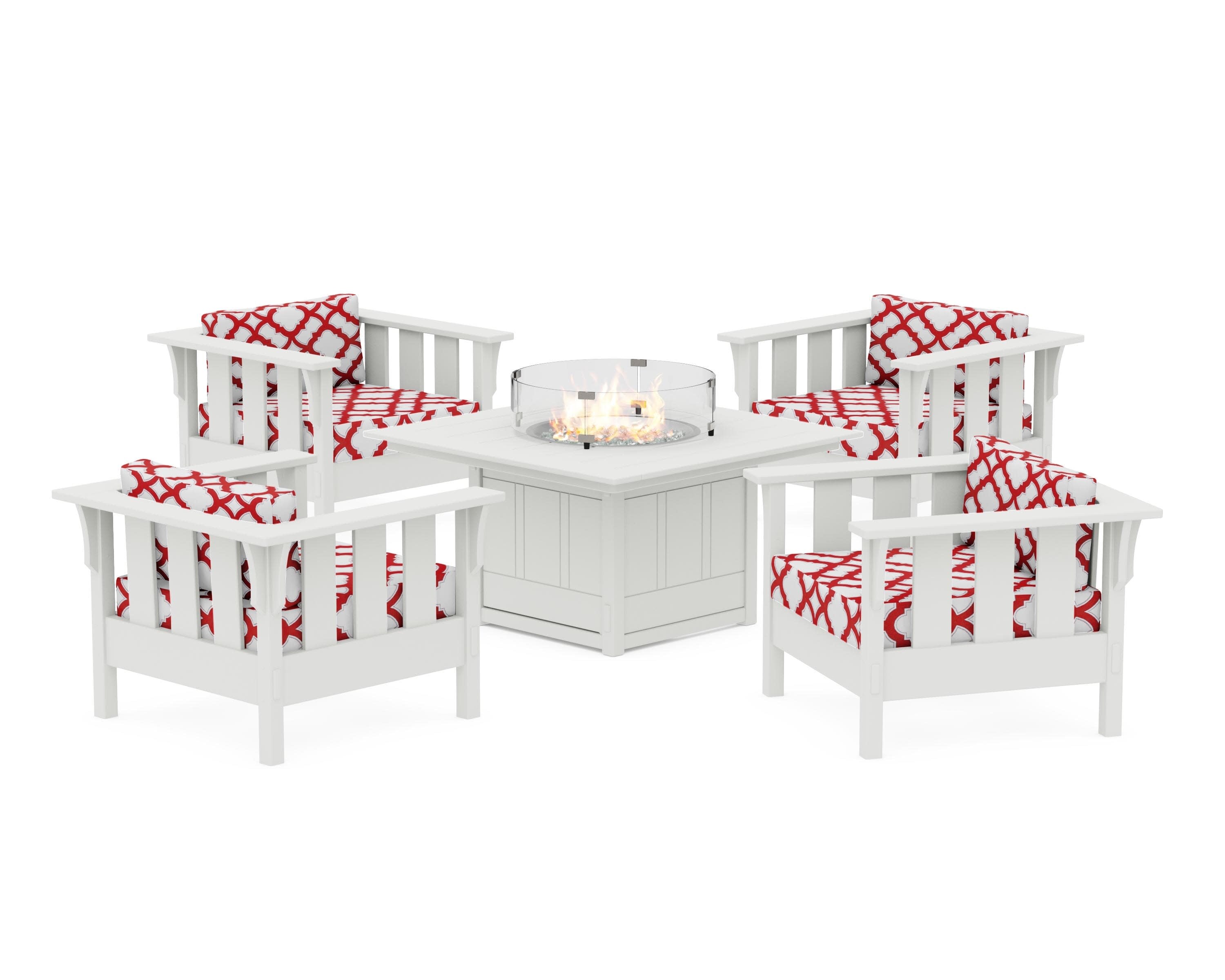 Acadia 5-Piece Deep Seating Set with Fire Pit Table in Vintage White / Trellis Crimson