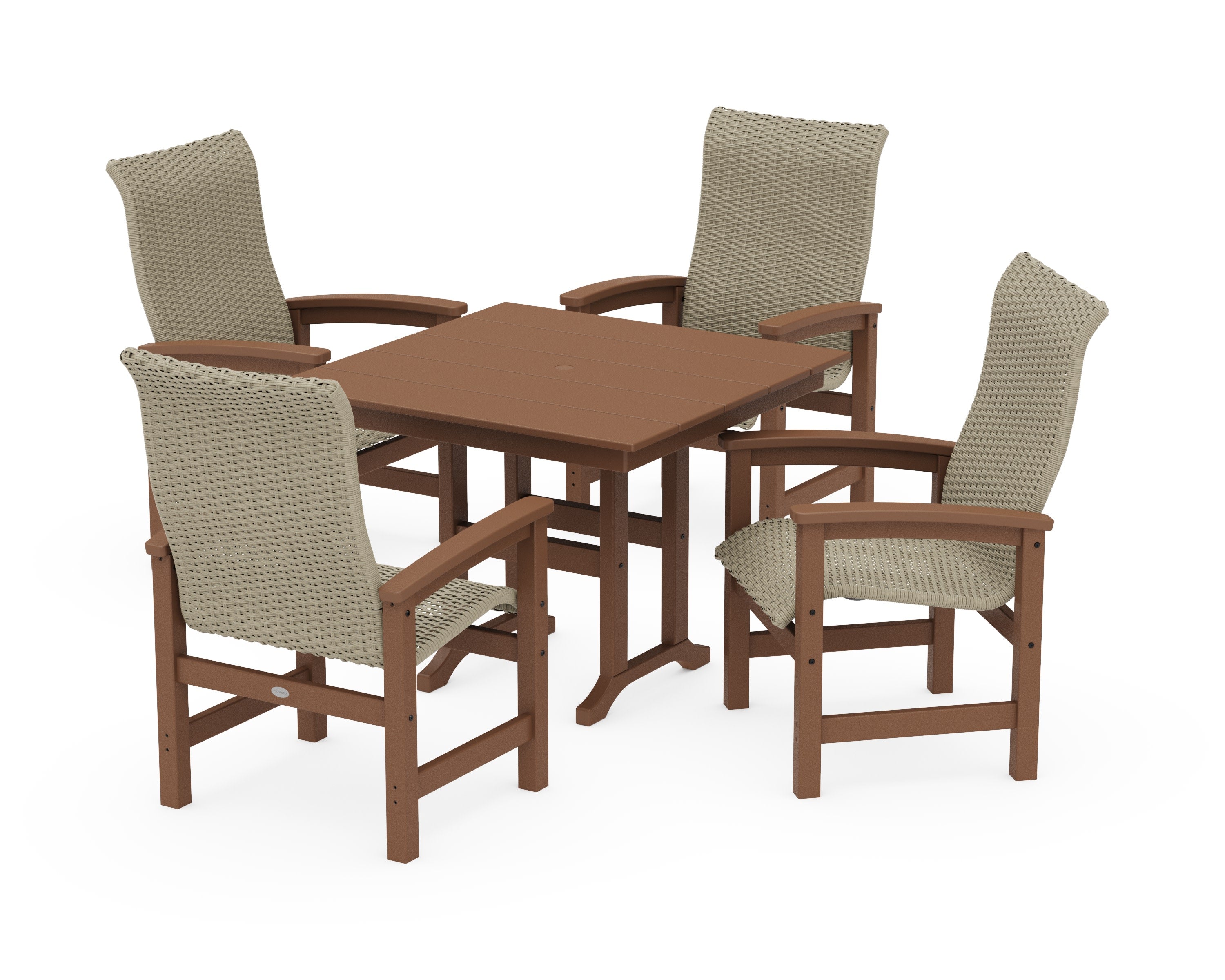 Coastal Woven High-Back 5-Piece Farmhouse Dining Set in Teak / Dune Grass