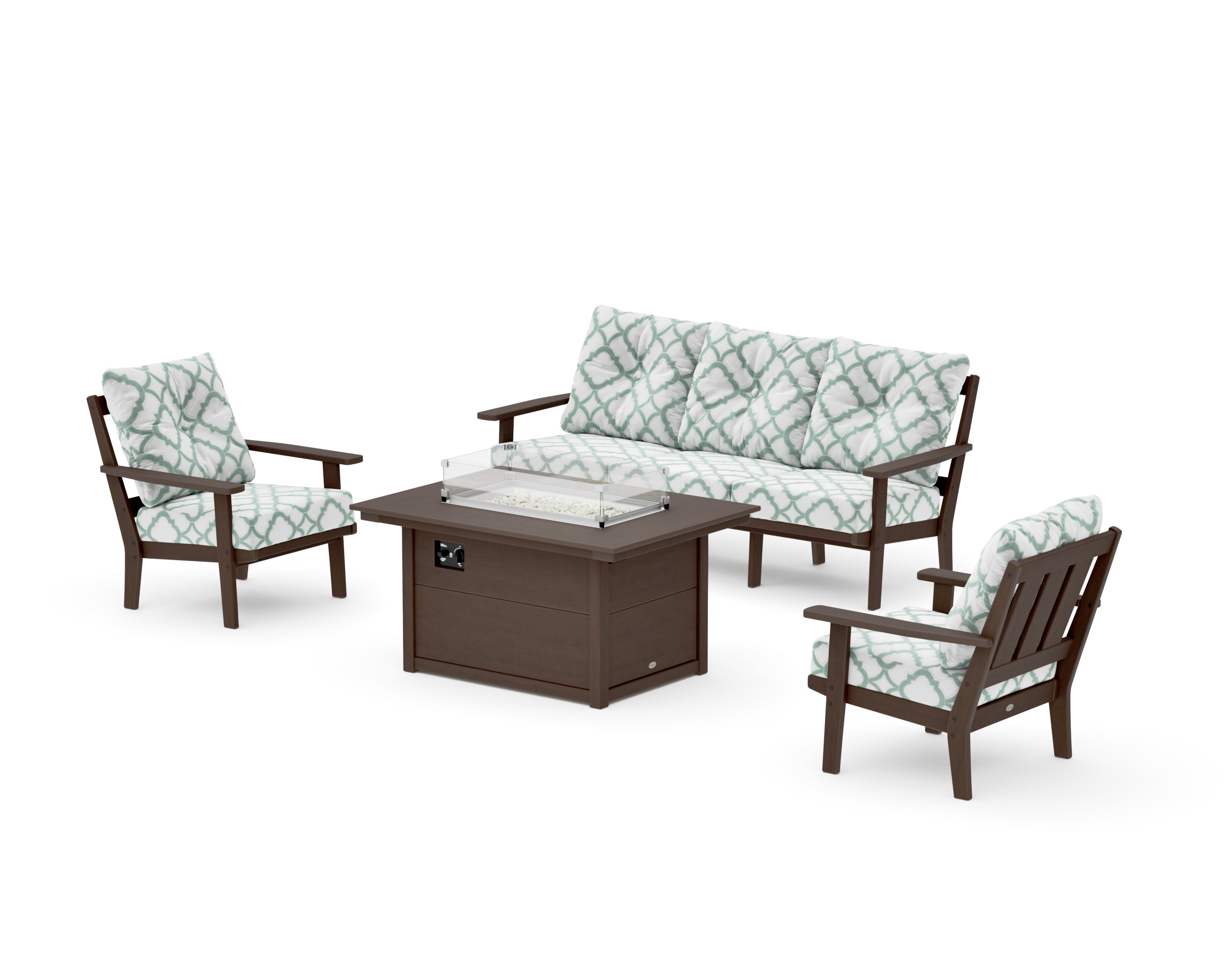 Oxford Deep Seating Fire Pit Table Set in Kona / Trellis Glacier Spa
