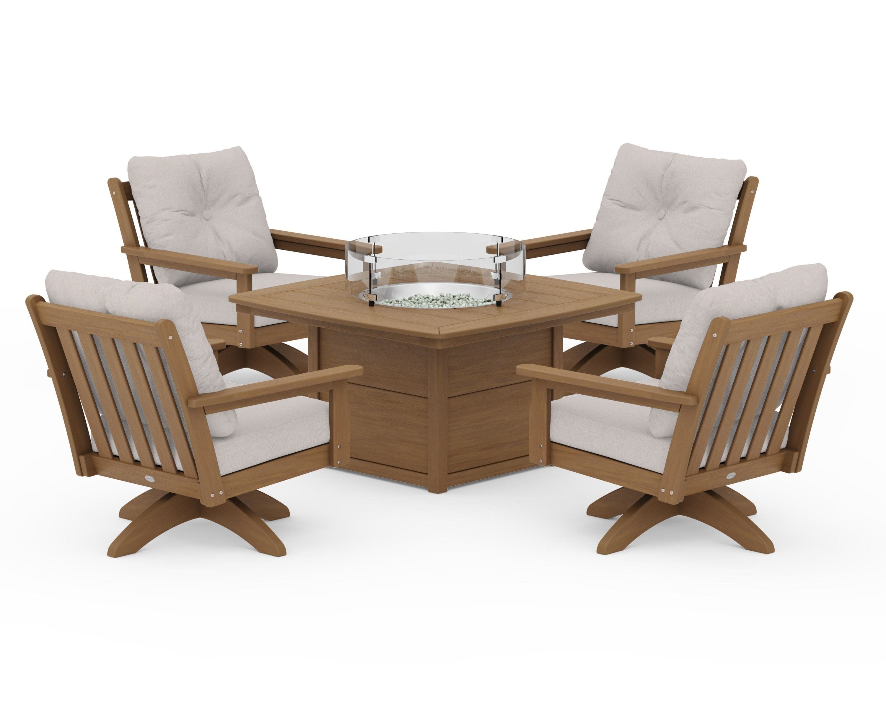 Vineyard 5-Piece Deep Seating Swivel Conversation Set with Fire Pit Table in Natural / Dune Burlap