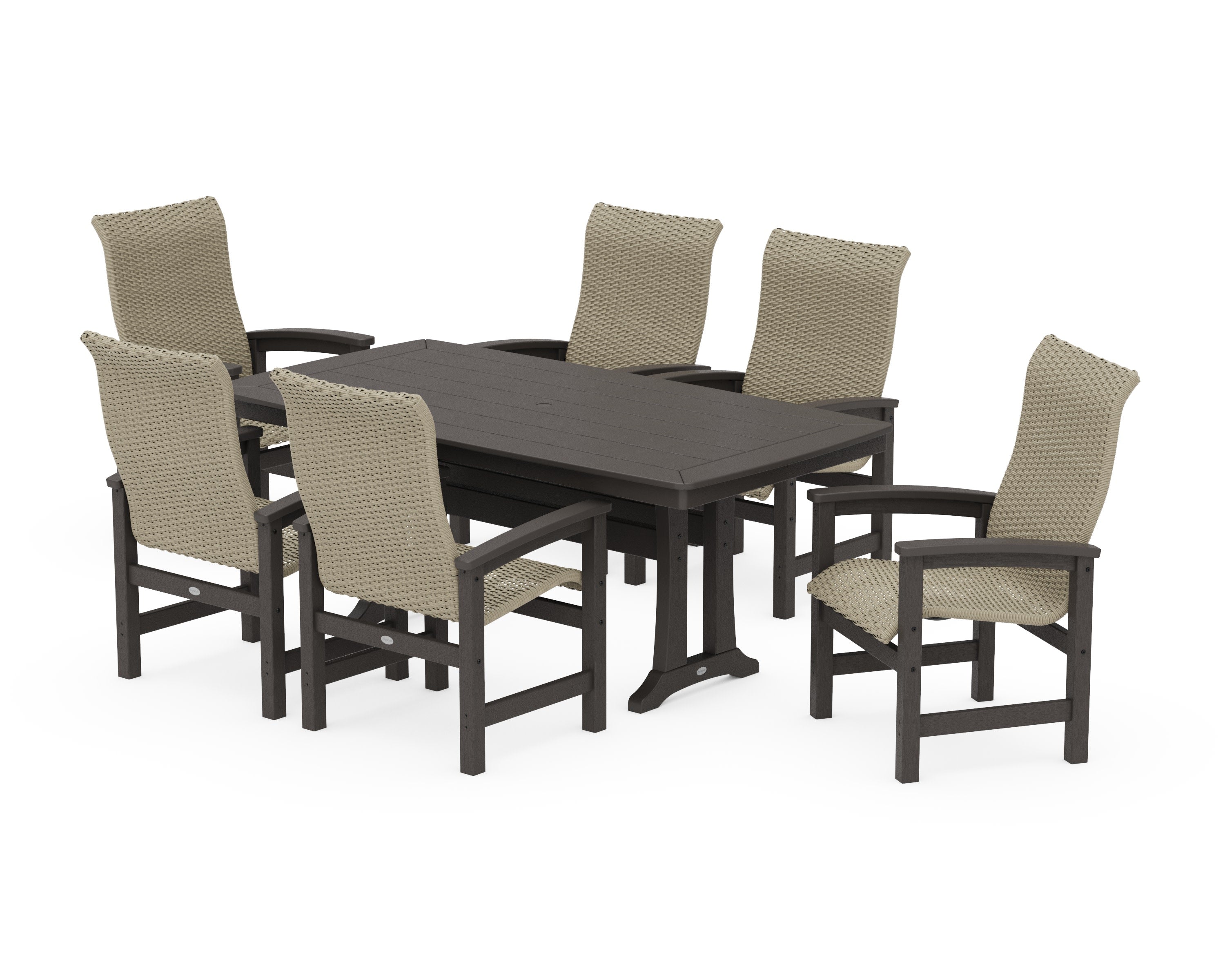 Coastal Woven High-Back Arm Chair 7-Piece Dining Set with Trestle Legs in Vintage Coffee / Dune Grass