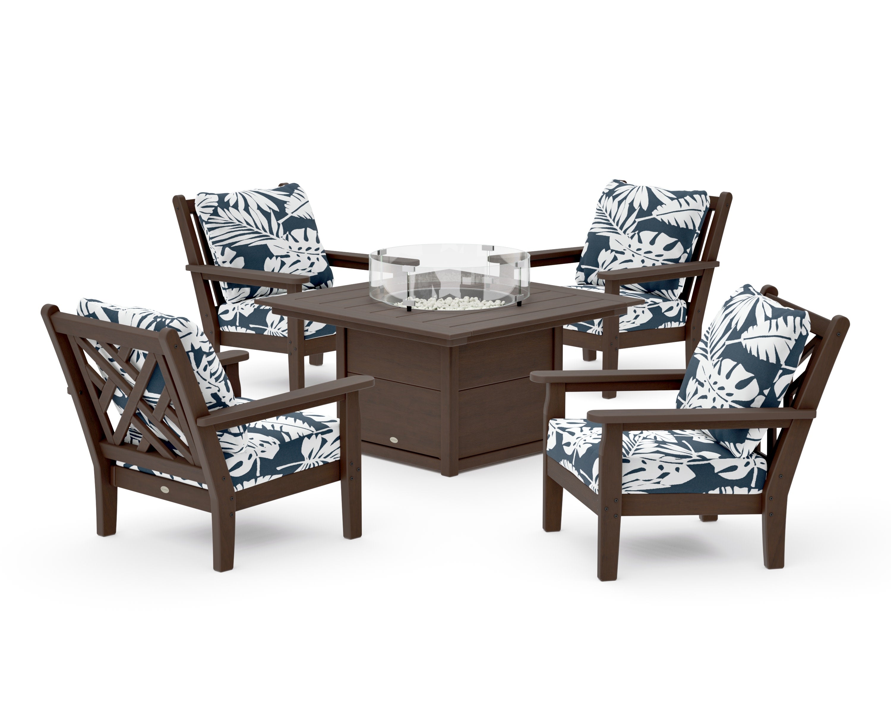 Chippendale 5-Piece Deep Seating Set with Fire Pit Table in Kona / Leaf Marine Indigo