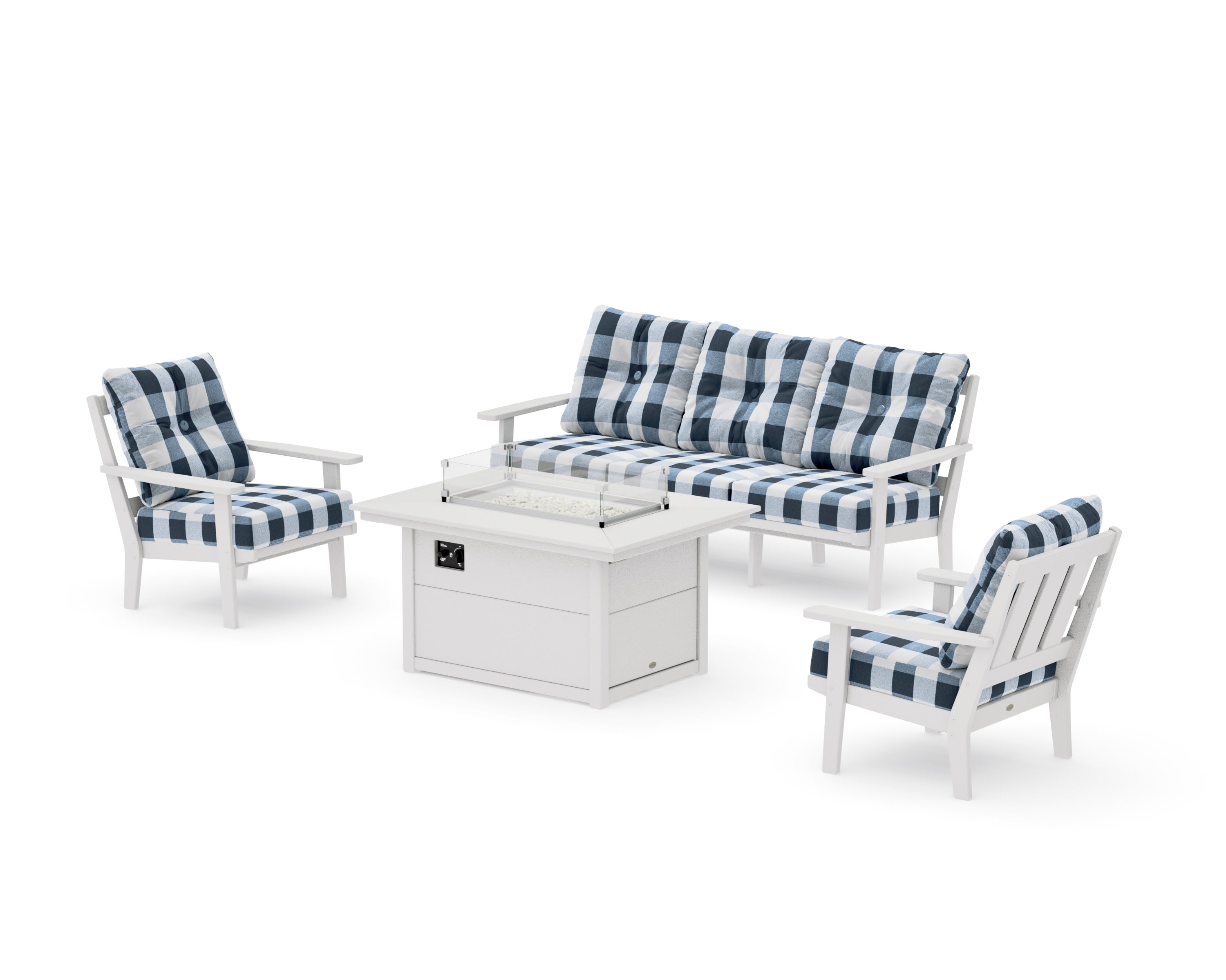 Oxford Deep Seating Fire Pit Table Set in Vintage White / Buffalo Plaid Marine Indigo