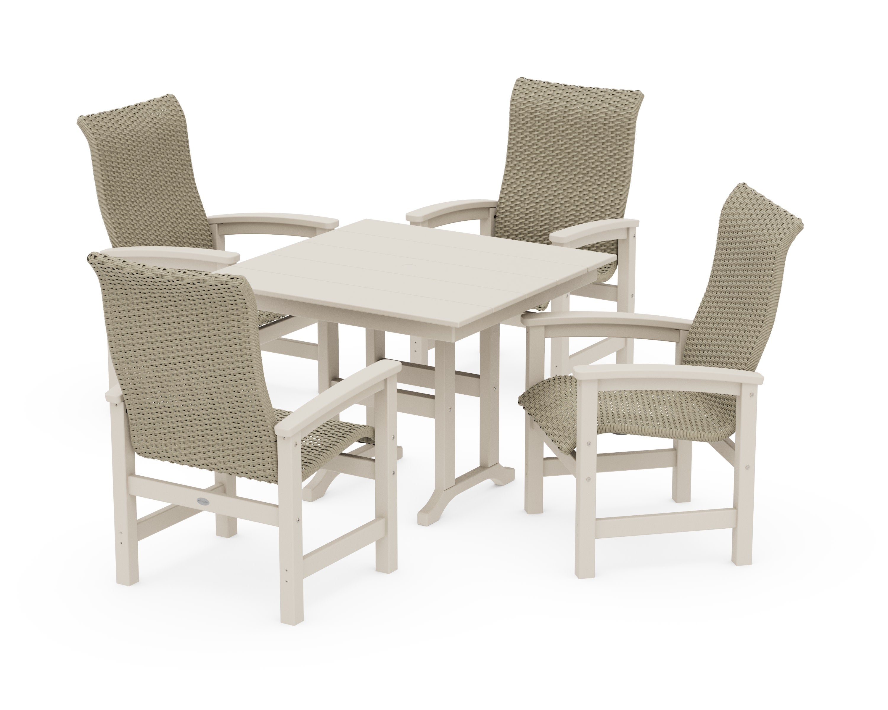 Coastal Woven High-Back 5-Piece Farmhouse Dining Set in Sand / Dune Grass
