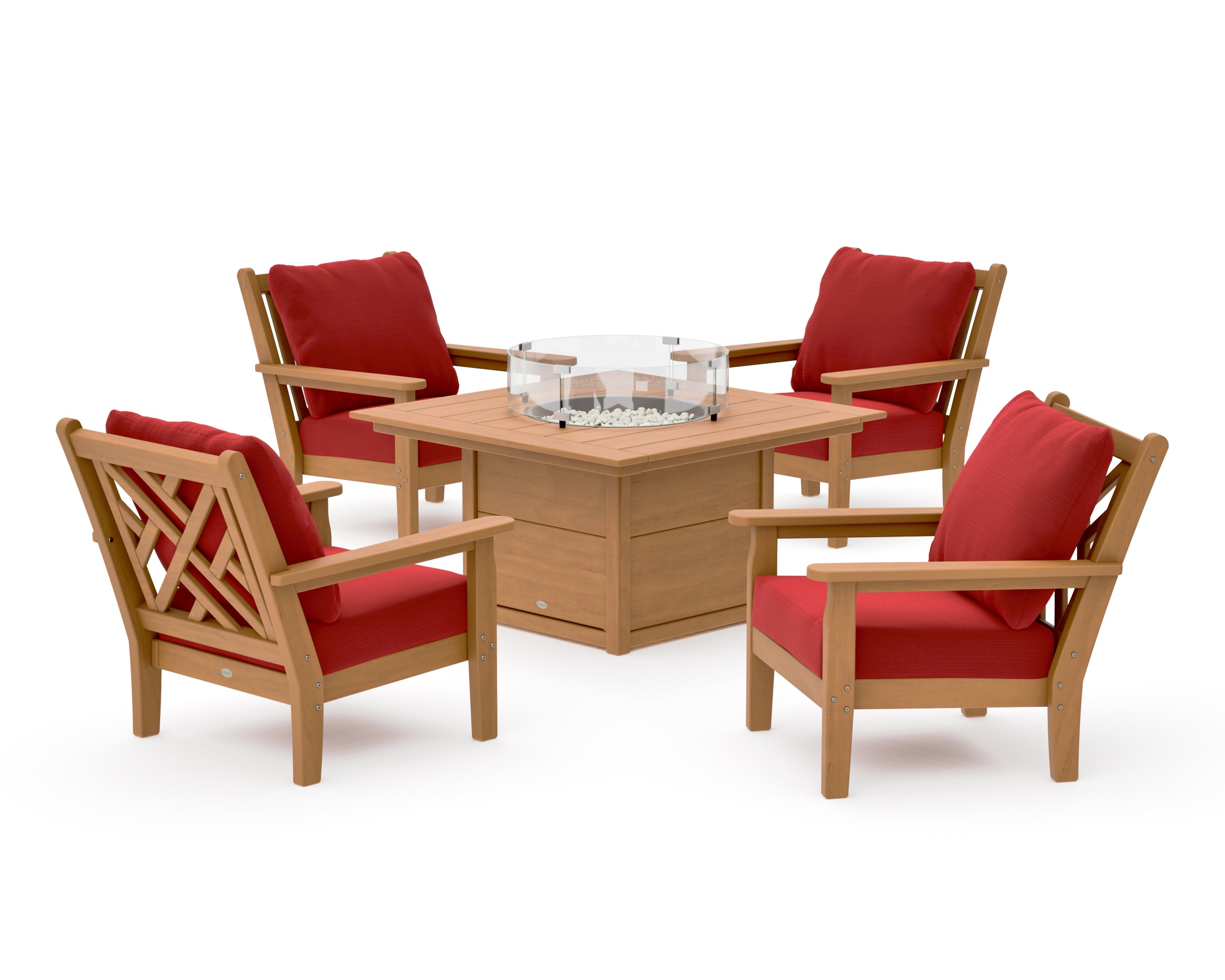 Chippendale 5-Piece Deep Seating Set with Fire Pit Table in Natural / Crimson Linen