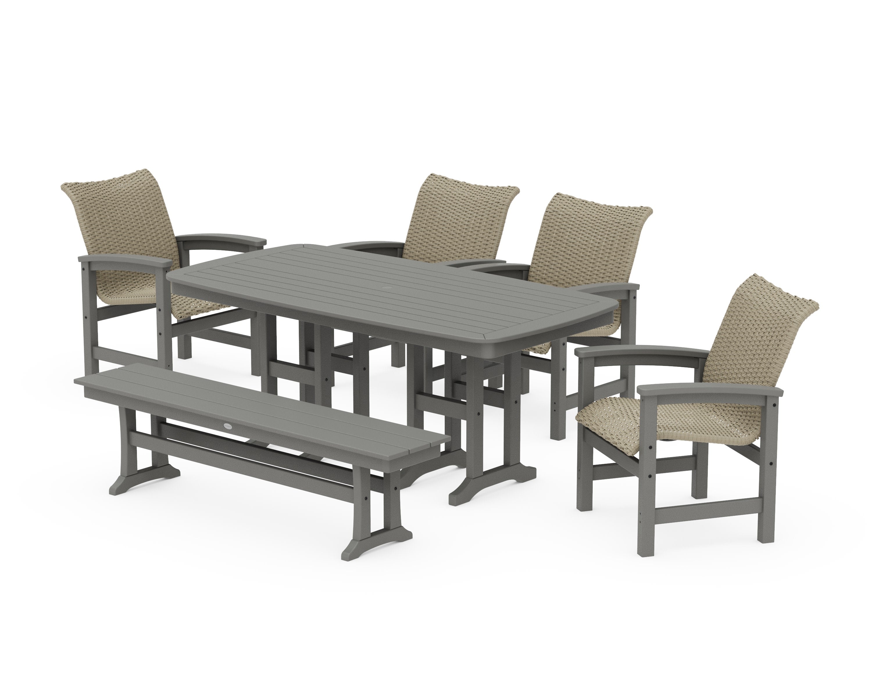 Coastal Woven 6-Piece Farmhouse Dining Set with Bench in Slate Grey / Dune Grass