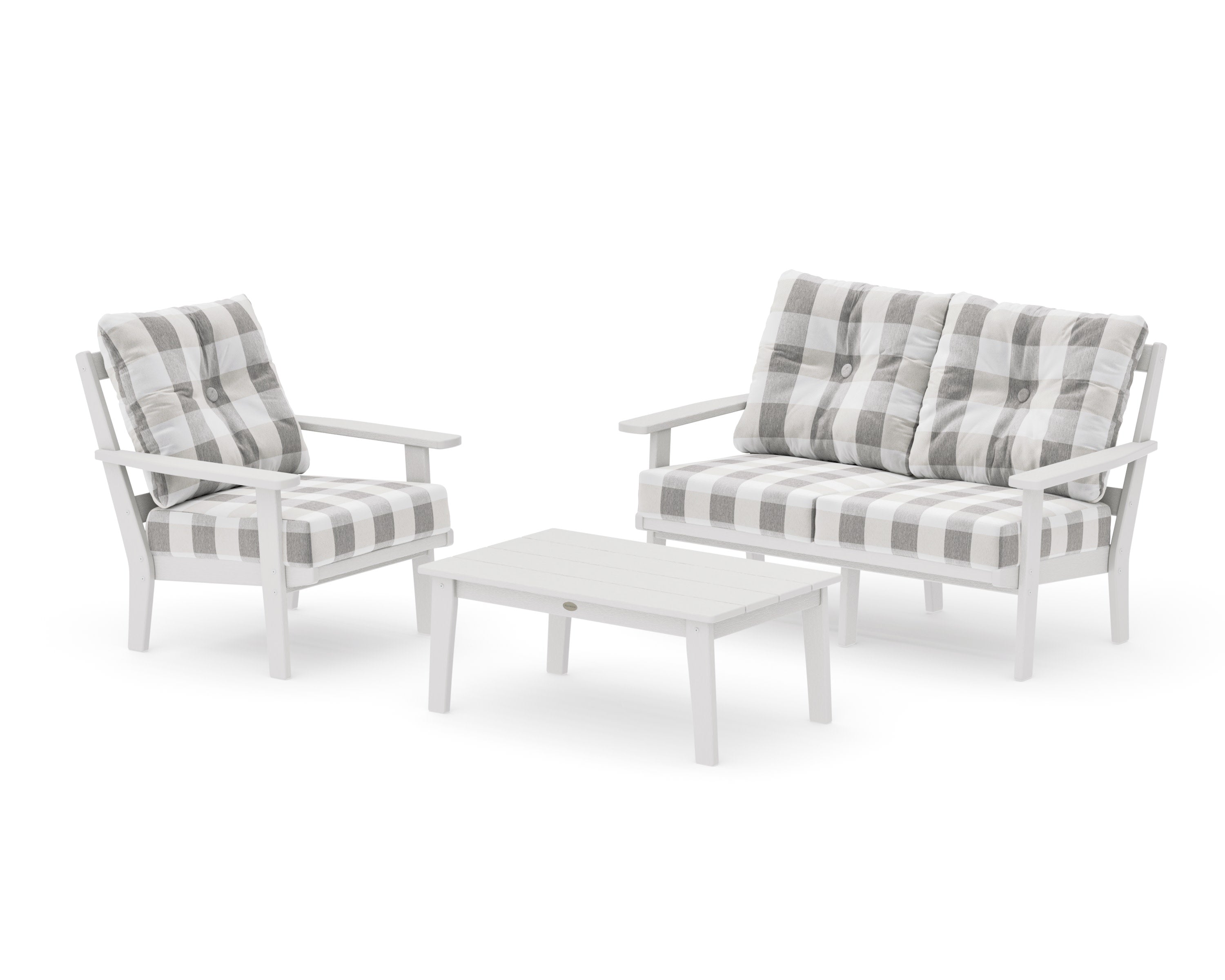 Oxford 3-Piece Deep Seating Set with Loveseat in Vintage White / Buffalo Plaid Grey Mist