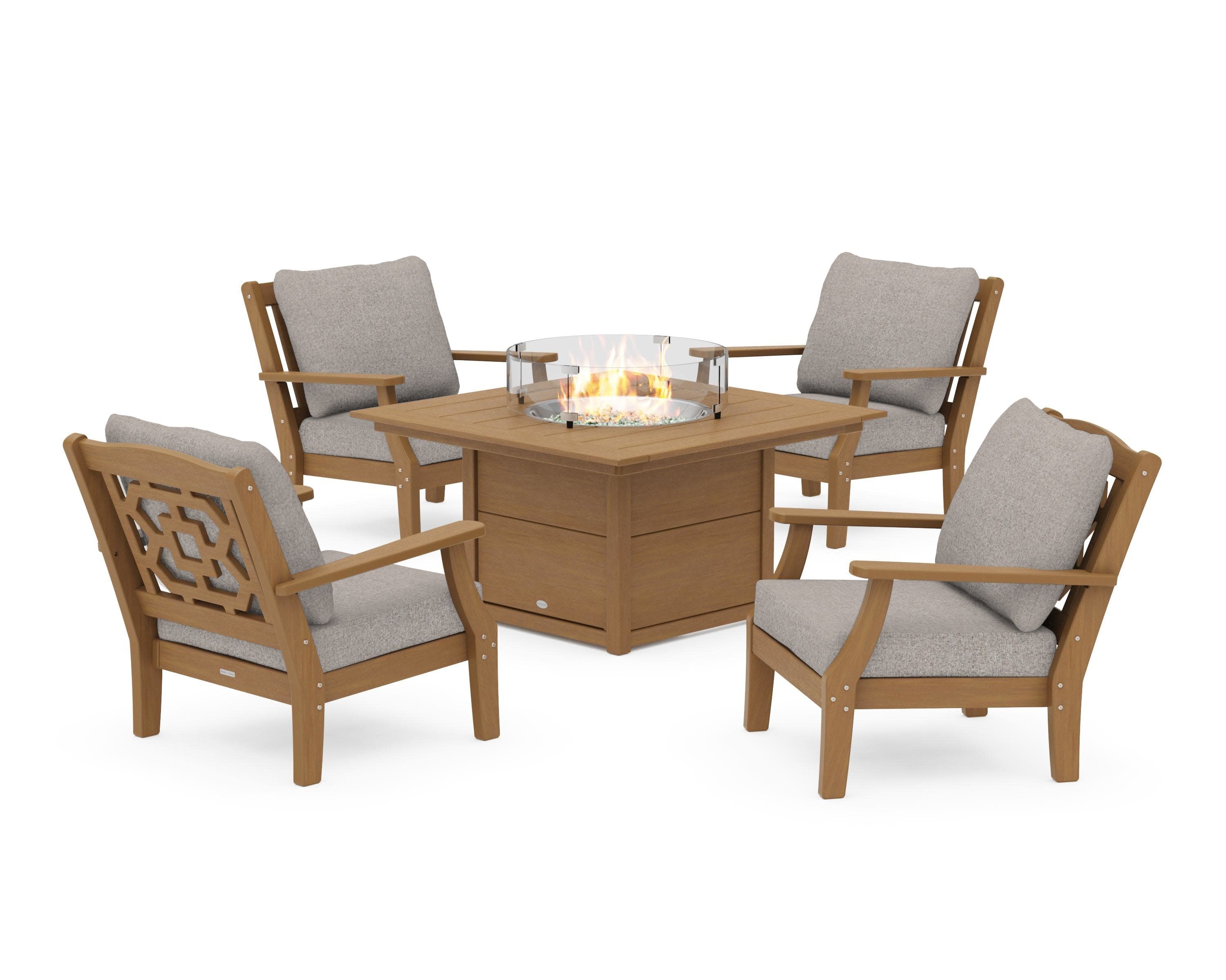Chinoiserie 5-Piece Deep Seating Set with Fire Pit Table in Natural / Weathered Tweed