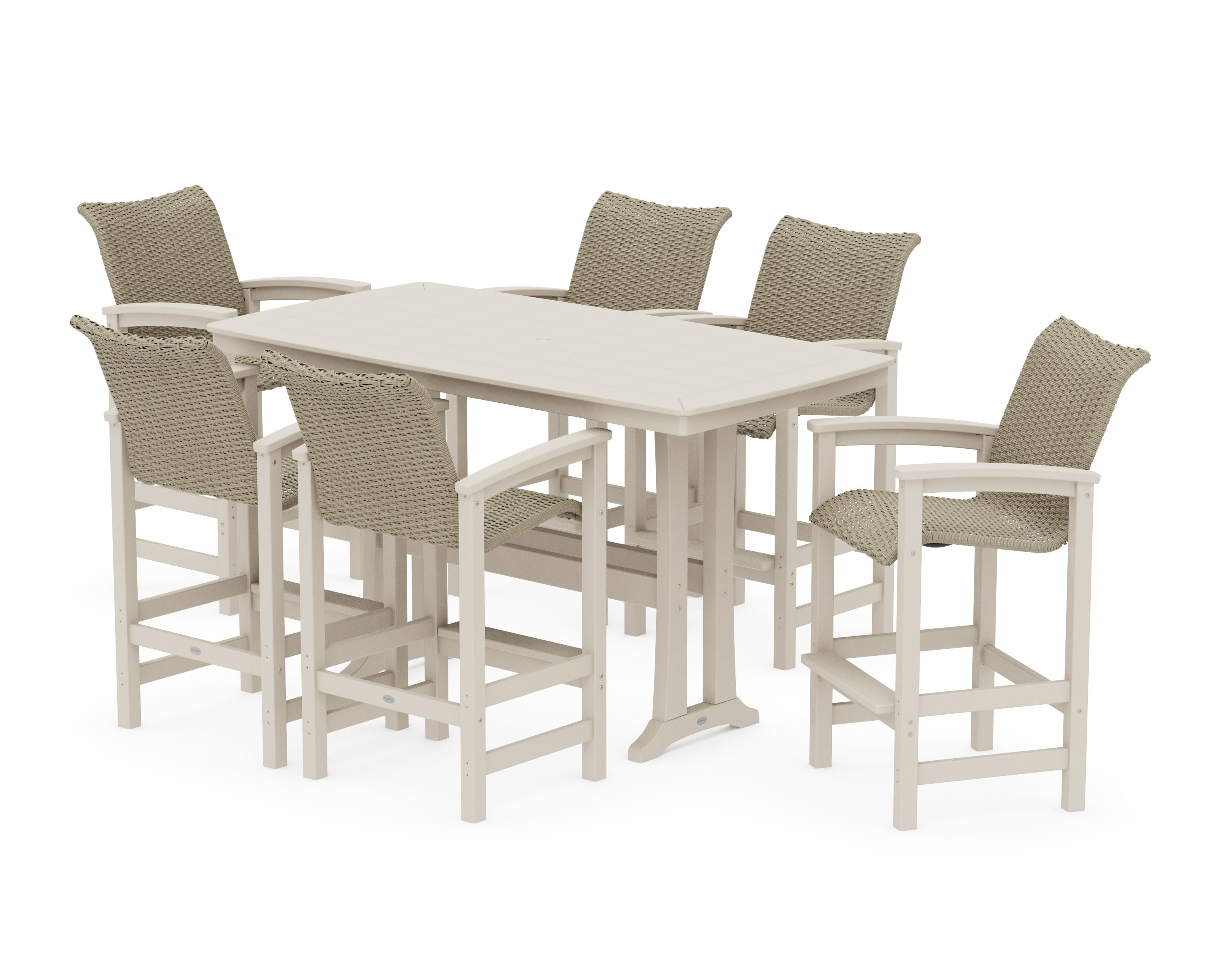 Coastal Woven Arm Chair 7-Piece Bar Set with Trestle Legs in Sand / Dune Grass