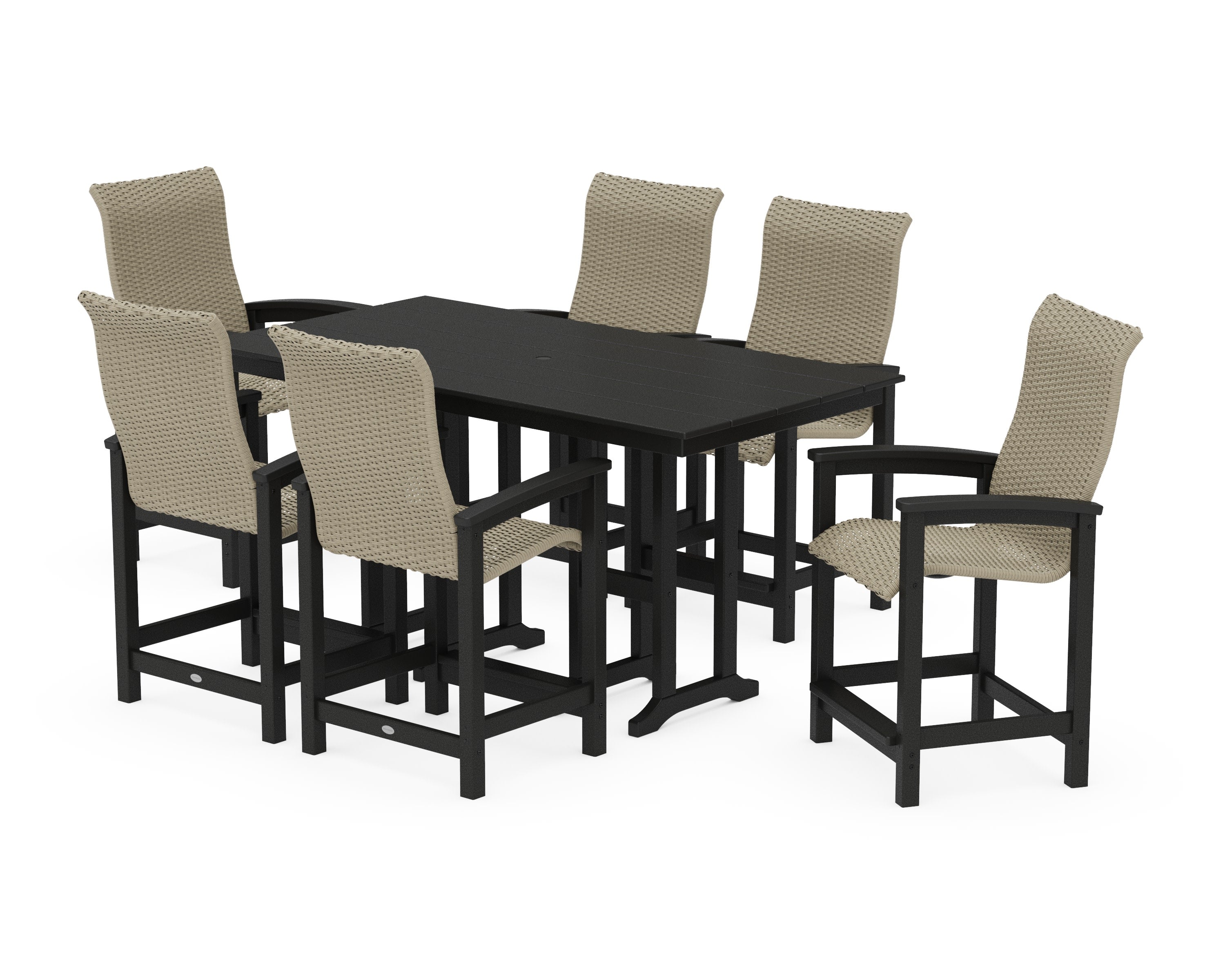 Coastal Woven High-Back Arm Chair 7-Piece Farmhouse Counter Set in Black / Dune Grass
